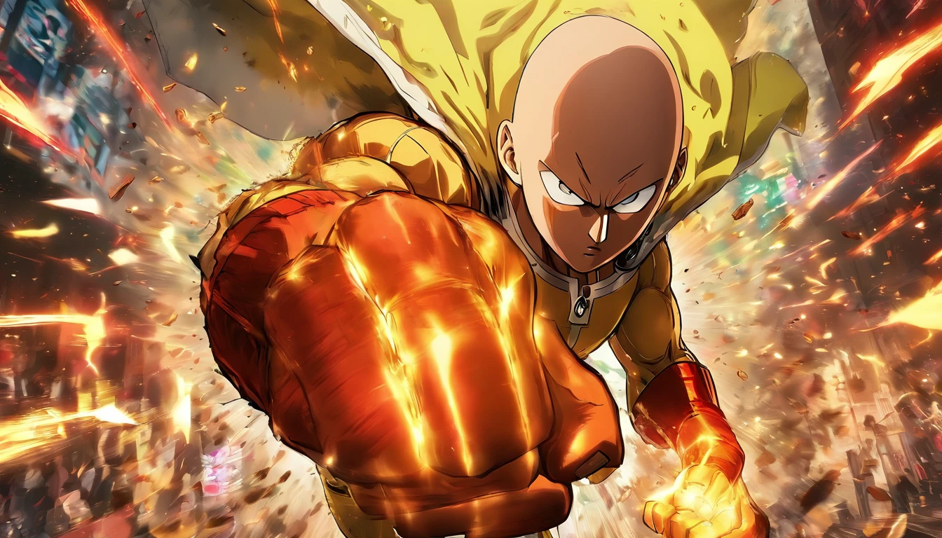 One Punch Man Saitama is looking confused, he has punched Transformer star Scream (who blew up), now Saitama is still in a punching stance in a crater surrounded by robot debris

