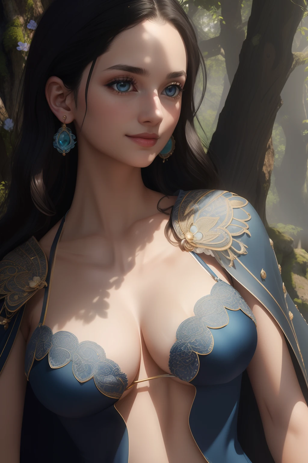 ultra realistic 8k cg, (ultra detailed background, delicate pattern, intricate detail, highly detailed, fine details), best quality, (photorealistic:1.4),beautiful lighting, absurdres, RAW photo, film grain, ((medium breasts, slim girl,  close-up, portrait)), NicoRobin, 1girl, solo, black hair, long hair, jewelry, (earrings, blue eyes), ((slim girl, medium breasts)), cleavage, smile, dress, cape, epaulettes, navel, midriff, blush, collarbone, (complex detailed background, blue sky, nature environment, close-up, portrait),