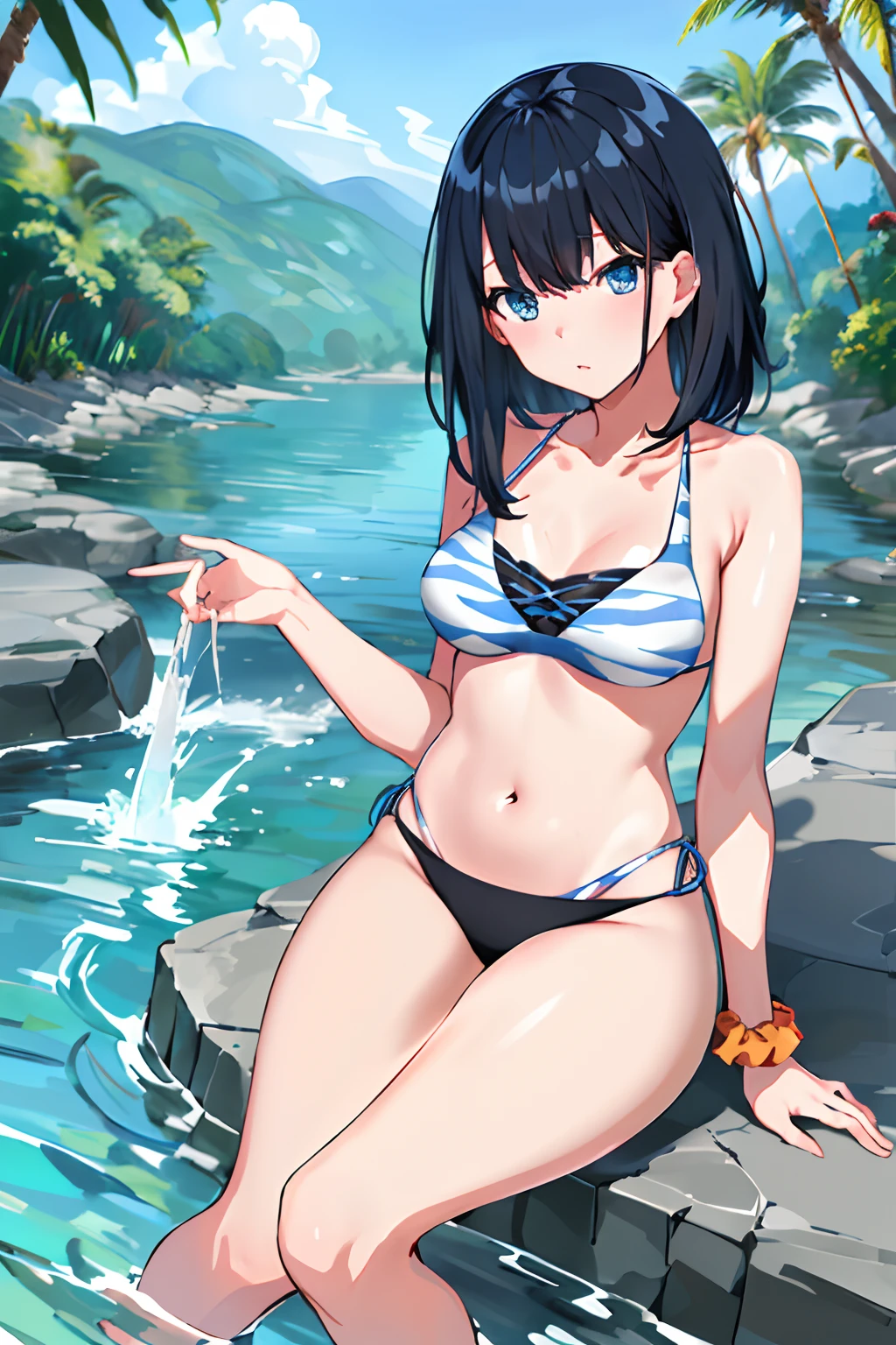 ​masterpiece, top-quality, Hi-Res, rikka1, 1girl in, Takarada Rikka, A dark-haired, 独奏, blue eyess, wrist scrunchie, length hair, Patterned blue swimsuit，Harsh，Tropical，falls，flowingwater，Transparent blue