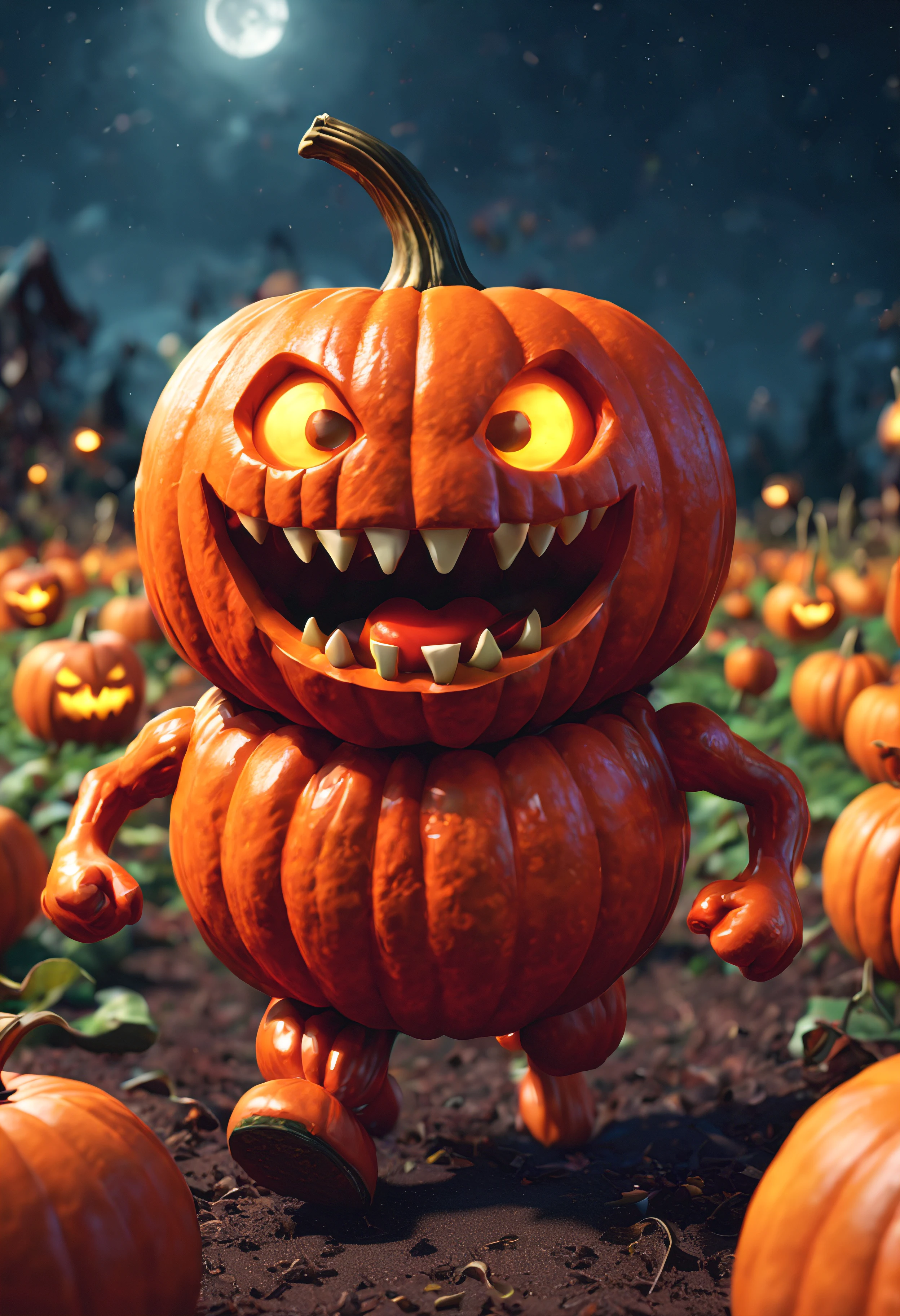 a colorful (jack-o-lantern monster) with a mouth full of candy, (running) through a pumpkin patch at (night), cute 3 d render, covered in (red-liquid), (low-angle), (isometric view), rendered in cinema 4 d octane, blender art, cinema 4d colorful render, (highly detailed) photo of happy, rendered in cinema4d, rendered in cinema 4 d, colorful octane render, 3 d illustration, 3d illustration, stylized as a 3d render. Vibrant, beautiful, translucent, intricate, detailed, high saturation