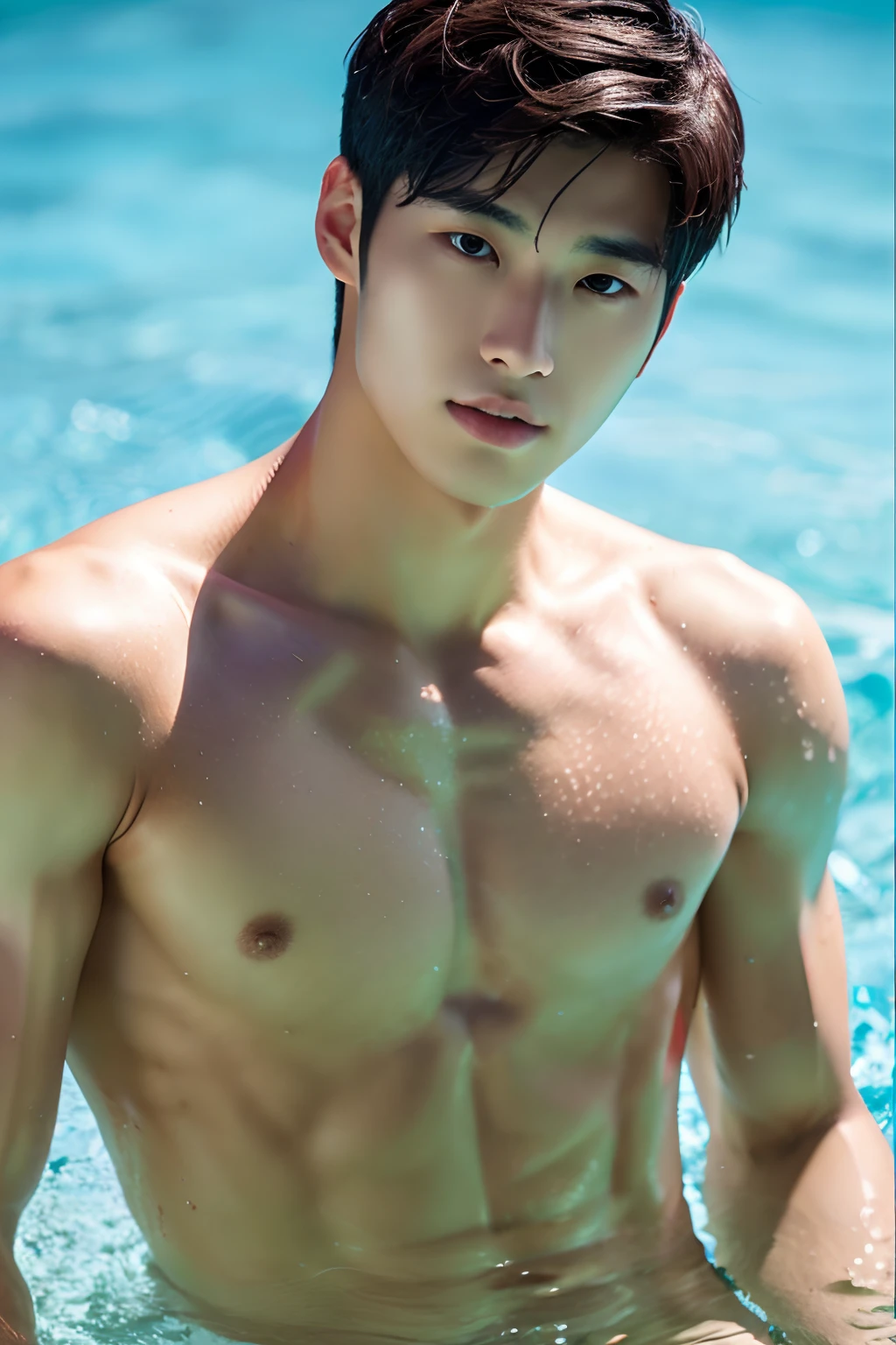 handsome Korean guy, well-muscled, Upper body naked, 4K, hight resolution, smooth skin, finely detailed skin, swim wears