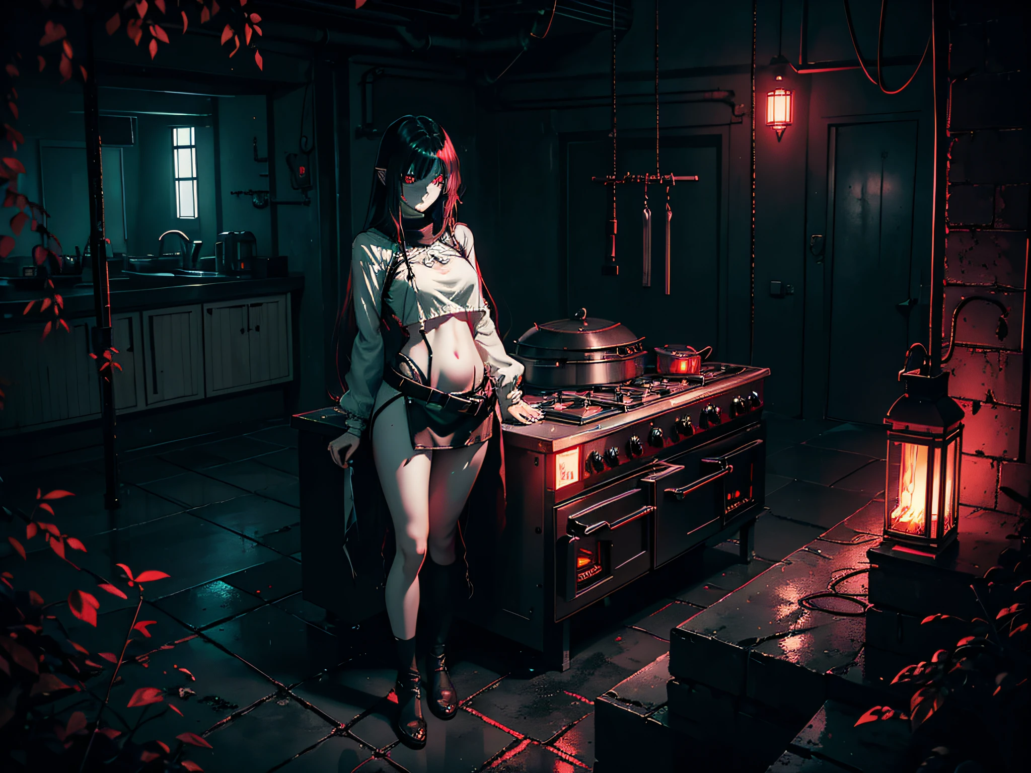 loneliness, concept character, dark anime girl, gloomy, monster girl, milky white skin, white glowing eyes, indifference and unbrokenness look, black wire long hair, long tubular wires as hair, flail on the belt, sharp clothing, open belly, open belly, sits near futuristic oven, gloomy (green fire) oven, arms crossed, hands crossed, many iron tables, dark endless concrete labyrinth, glowing red spider eyes, gloomy atmosphere, dystopian, highly detailed, highly detailed lighting, cold lighting, less lights, dark lighting, highly detailed face, black sky, dusty, hopeless