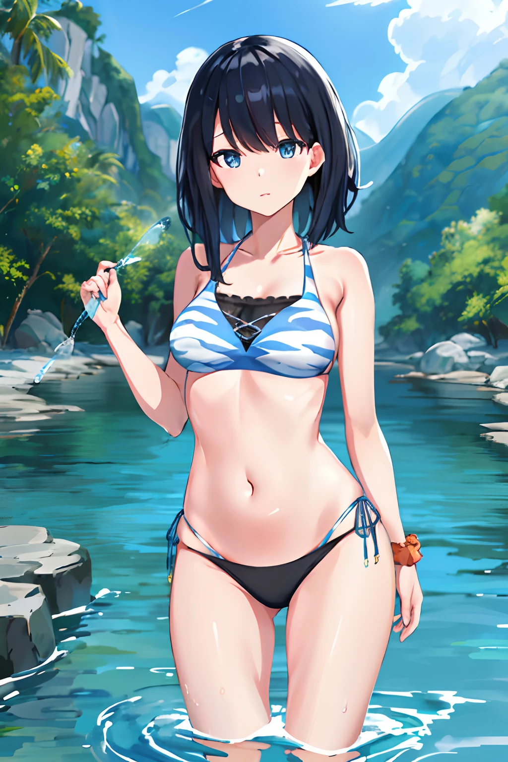 ​masterpiece, top-quality, Hi-Res, rikka1, 1girl in, Takarada Rikka, A dark-haired, 独奏, blue eyess, wrist scrunchie, length hair, Patterned blue swimsuit，Harsh，Tropical，falls，flowingwater，Transparent blue