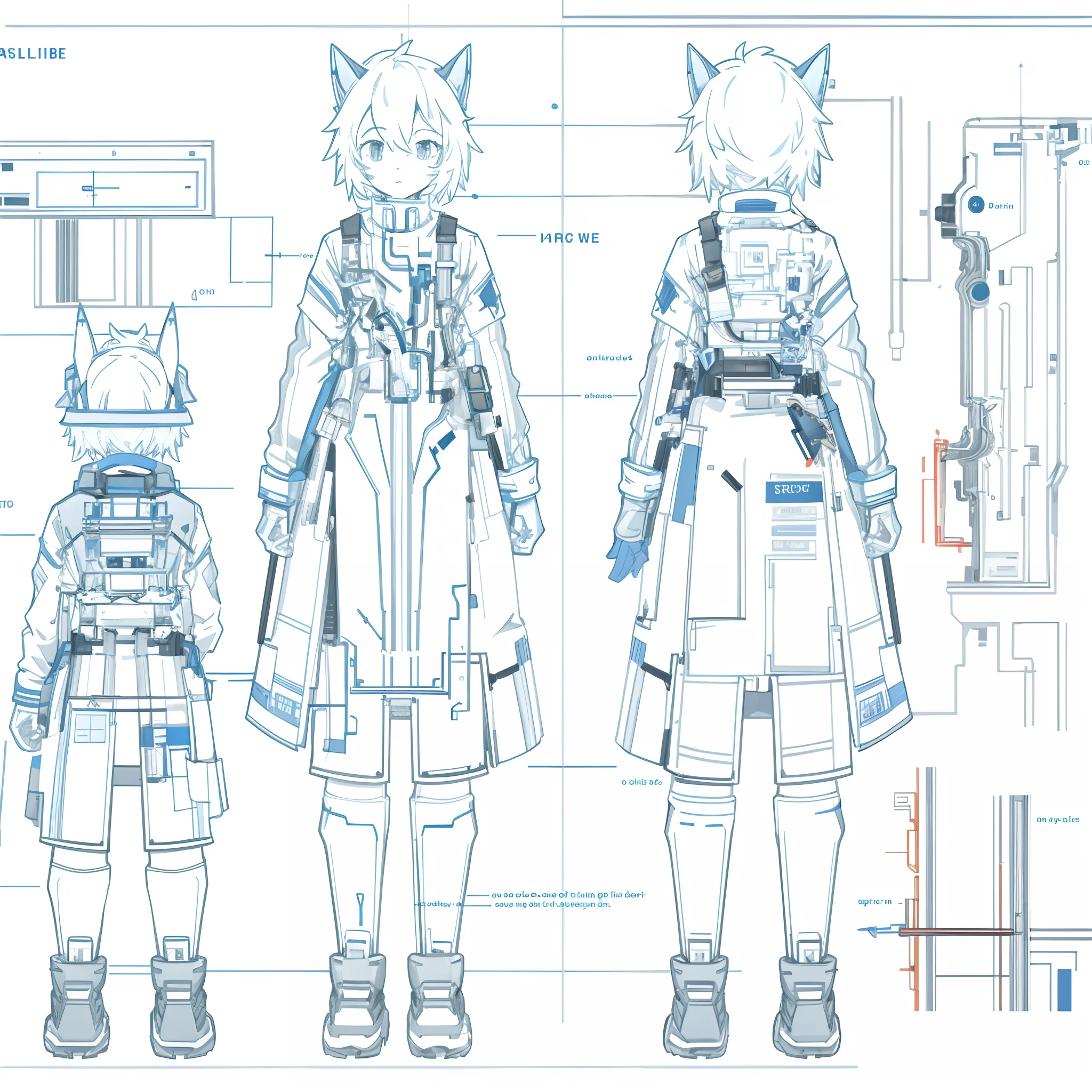 blueprint of a lineart girl, multiple perspectives, schematics, labels, full body, lineart, sharp lines, crisp,