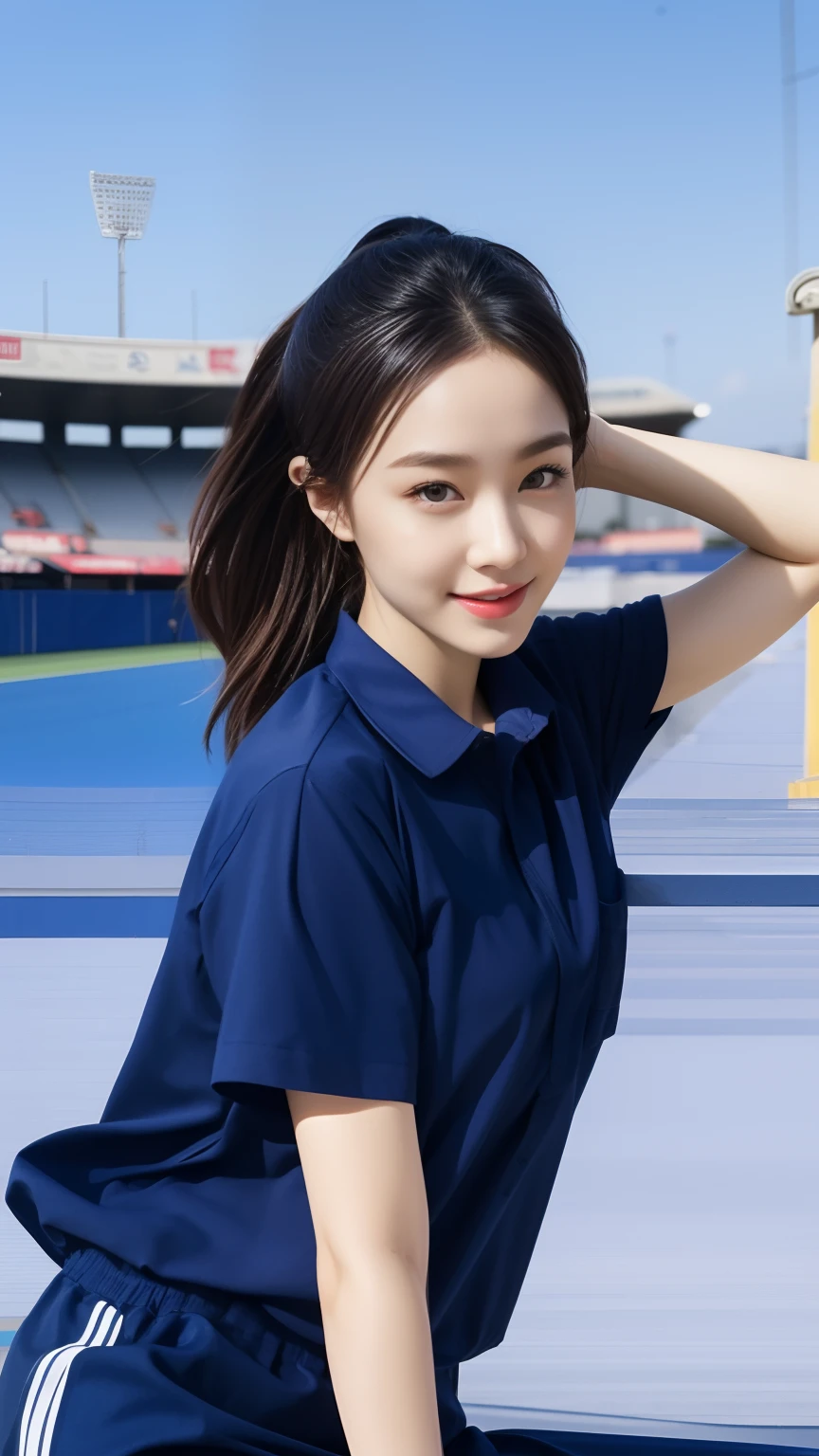 (bestquality,10,10,highres,masterpiece:1.2),ultra-detail,(Realistic,photorealistic portrait,photo-realistic:1.37),1 cute girl sitting on the football field,oily shiny skin,bara,light smile,BDclothes,((blue shirt:1.3)),short sleeves,shirt, trousers.,(navy_long_Pants Track:1.1), ((Stadium Background:1.3)),dynamic angle,excited,face focus,Dynamic Poses,from behide,Ass Focus,masterpiece, bestquality, ultra realistic, hyper-detail, 8k resolution, RAW photo, crisp focus, ((Navy blue shirt:1.1)), short sleeves, Long Path, Perfect body, 2 mature women, 18yo, cinematic light,Blue sweatpants,Gymware,Correct anatomy,Complete body, Correct body, sharp face, Anatomically correct body, full entire body, Realistic gestures, long-haired, Realistic poses,Wear long shorts.................,Long leg span,Shapely,Sculpting Girl, Slender Figure, mannequin mannequins, Shapely, Beautiful body,Blue sweatpants