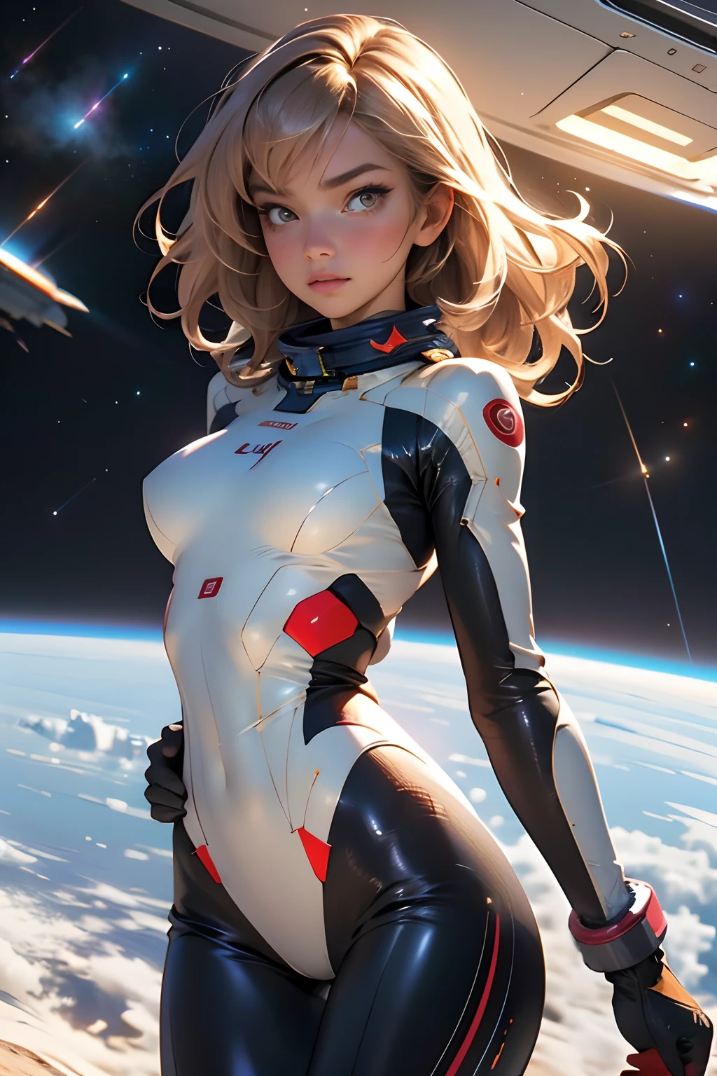 sandy hair fit body large breasts slender thighs slender waist pilot suit solo looking at viewer in space long hair blushing determination, 8k, extreme detail,