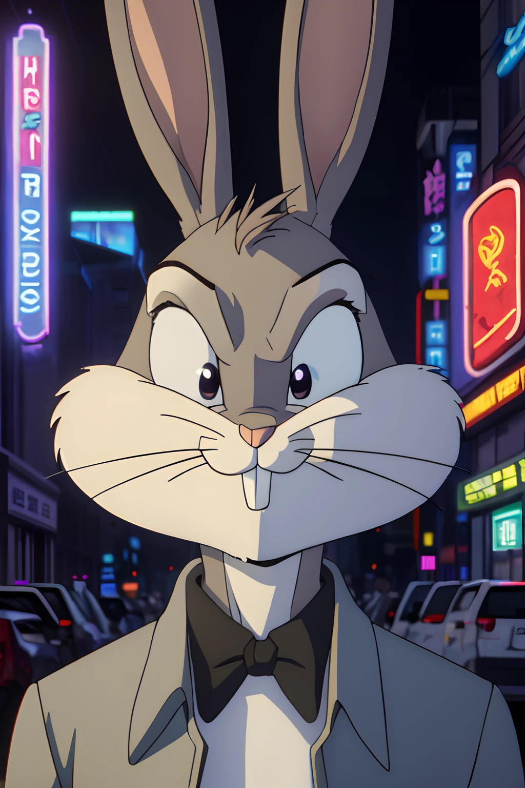 gloves, male, solo, (((bugs bunny 1.4))), rabbit, buckteeth, forest, long ears, grey body, grey fur, white fur,furry, upper body,wearing black trenchcoat in a cyberpunk city, 4k, cg, (((serious face 1.4))), solo, neon lights, at night,,16k(detailed face and eyes:1.3),
 ,furry,no humans, 
Ultra-detail,(highres:1.1),best quality,(masterpiece:1.3),anime style, anime screencap, 2010s_\(style\),