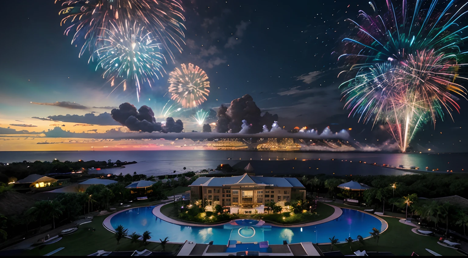 resort, high technology, future, fantasy, epic, nature, fulcolor, rainbow fireworks.