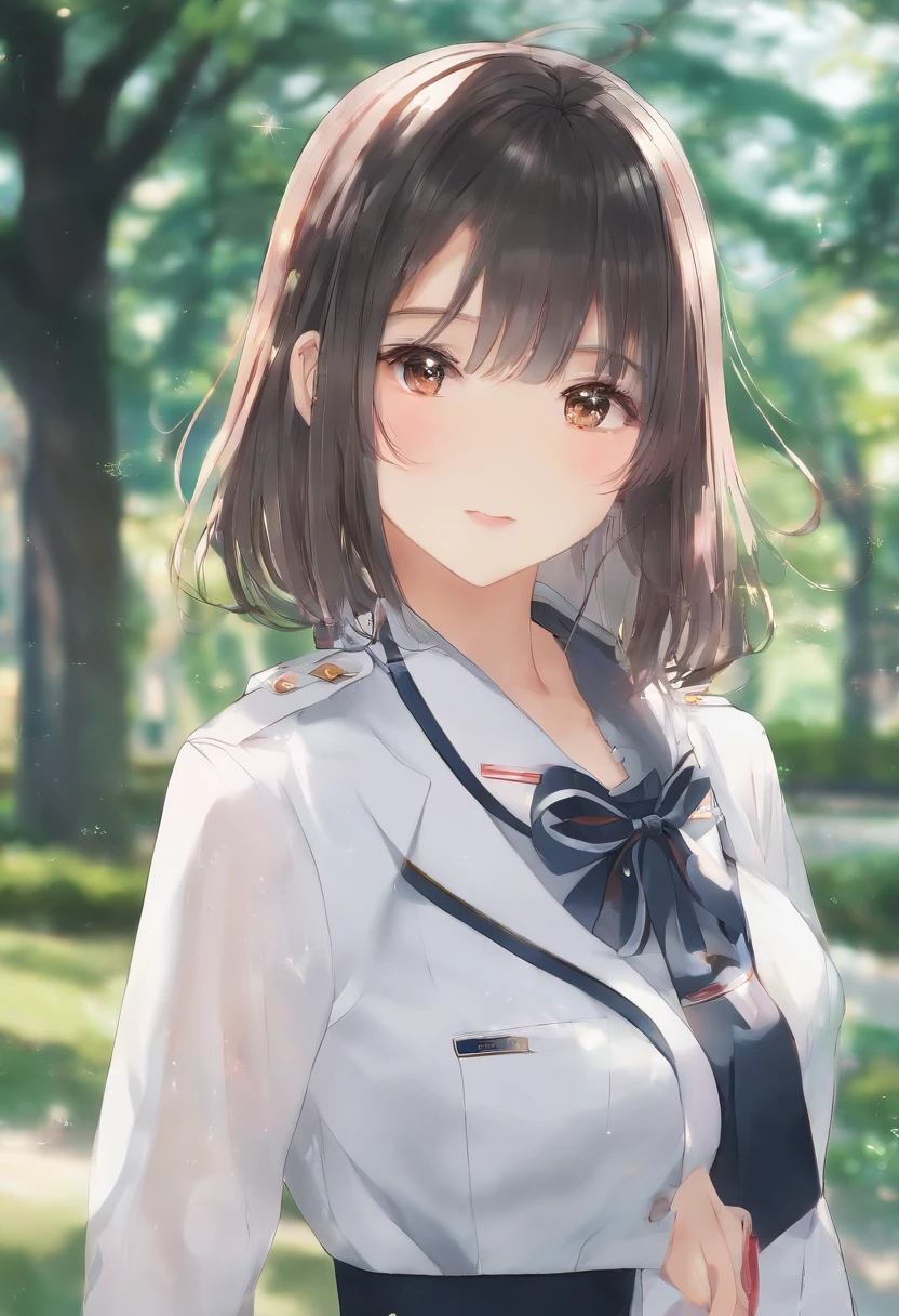 18 years old female, long hair, RAW photo, bokeh (realism: 1.4, realistic), high detail CG unified 8K wallpaper, 1girl, ((slim body: 1)), (small breasts: 1), back to viewer, ((direct view from the front)), (HQ skin: 1.4), 8k uhd, dslr, soft light, high quality, film grain, Fujifilm XT3, ((school uniform, short skirt,see through open skirt:1.5)), ((outdoor, at park))) jangjoo, portrait,((Layered short Haircut, black hire,small breast:1.2)),(looking at viewer:1.4),(full body:1.8)