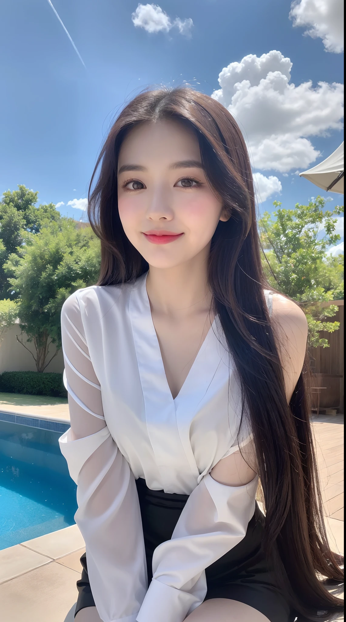 (1 Korean star with royal sister style), ((Best quality, 8K, 巨作: 1.3)), focal point: 1.2, Perfect body proportions: 1.4, (Make a smile), (Sunset: 1.3),  Watery eyes, Highly Detailed Face and Skin Textur, Fine eyes, Double eyelids, Whitens the skin, (long whitr hair, Air bangs: 1.3), (Round face inches: 1.5), (Dress 1.4), （Sketch 1:2，） （grassy fields，suns，​​clouds，Tano，farms，starlights，footpath）