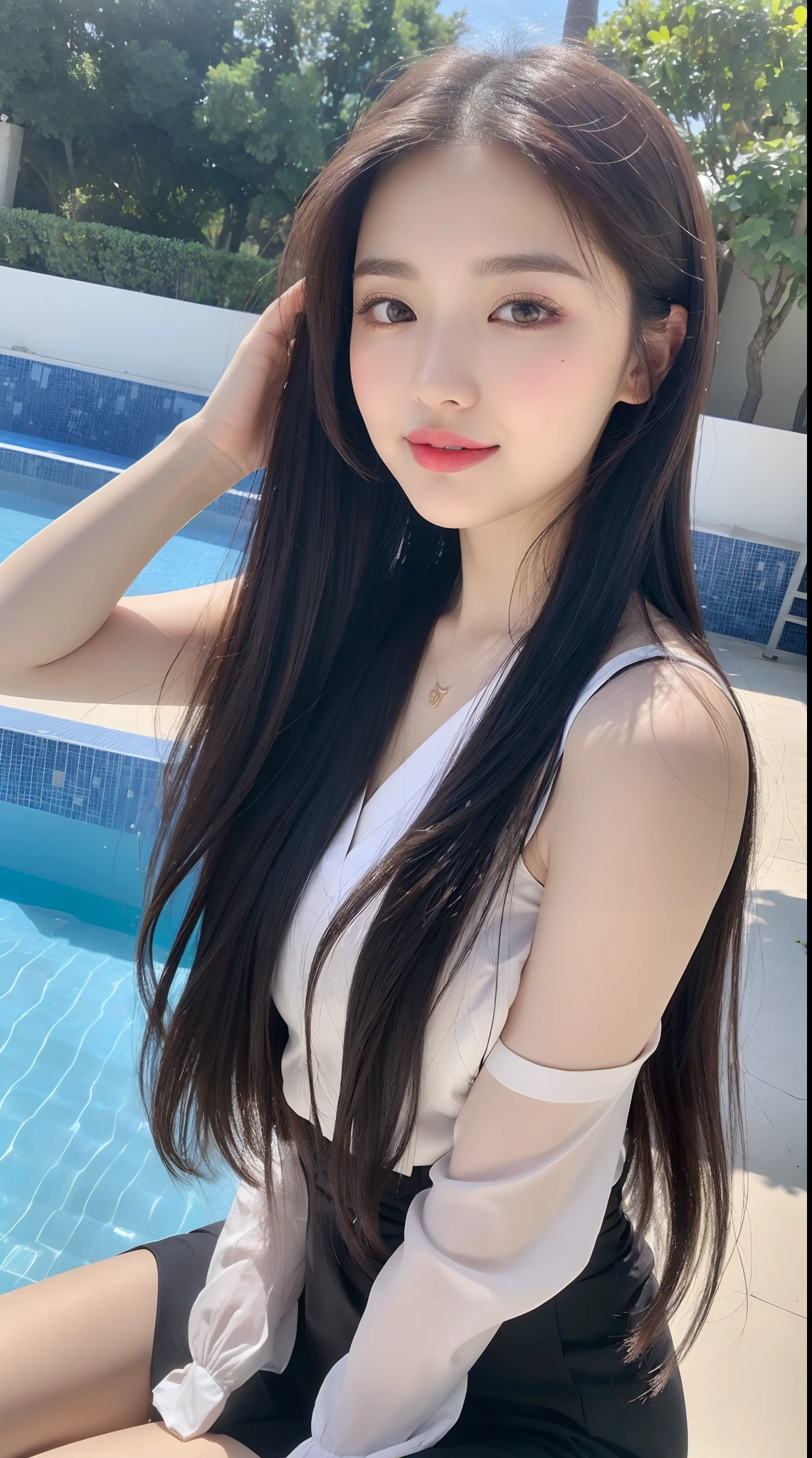 (top Quority, 8K, tmasterpiece:1.3)), A pretty maiden,Pure,Melon seed face,gentle and cute,A sweet smile,Pure desire,Thin stature,(frontage),staring right into camera,uniform, Obi, formal,Black silky long, layered long hair,Long hair flowing over the shoulders,round black big eyes,Clear big eyes,Hydrated red lips,Sweet,Sitting next to the pool,with blue sky and white clouds,Blue skies,
