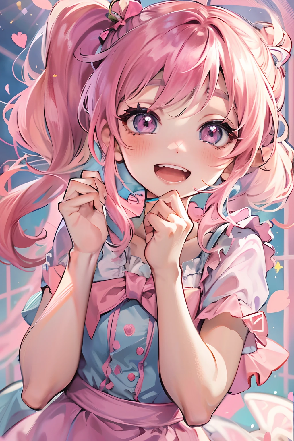 (8K、Top image quality、top-quality、masterpiece)、1 loli、Pink hair、Twin-tailed、light blue eyes、show the grinps、Show your teeth and smile、Smaller chest、(white babydoll)、see-through、cowboy shot、white backgrounid