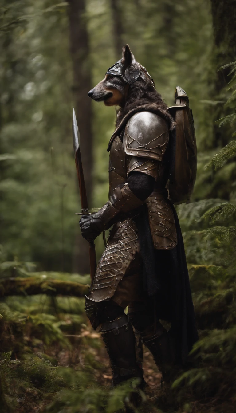 Menina loira na armadura na floresta gelada，Next to it is a large brown wolf in armor