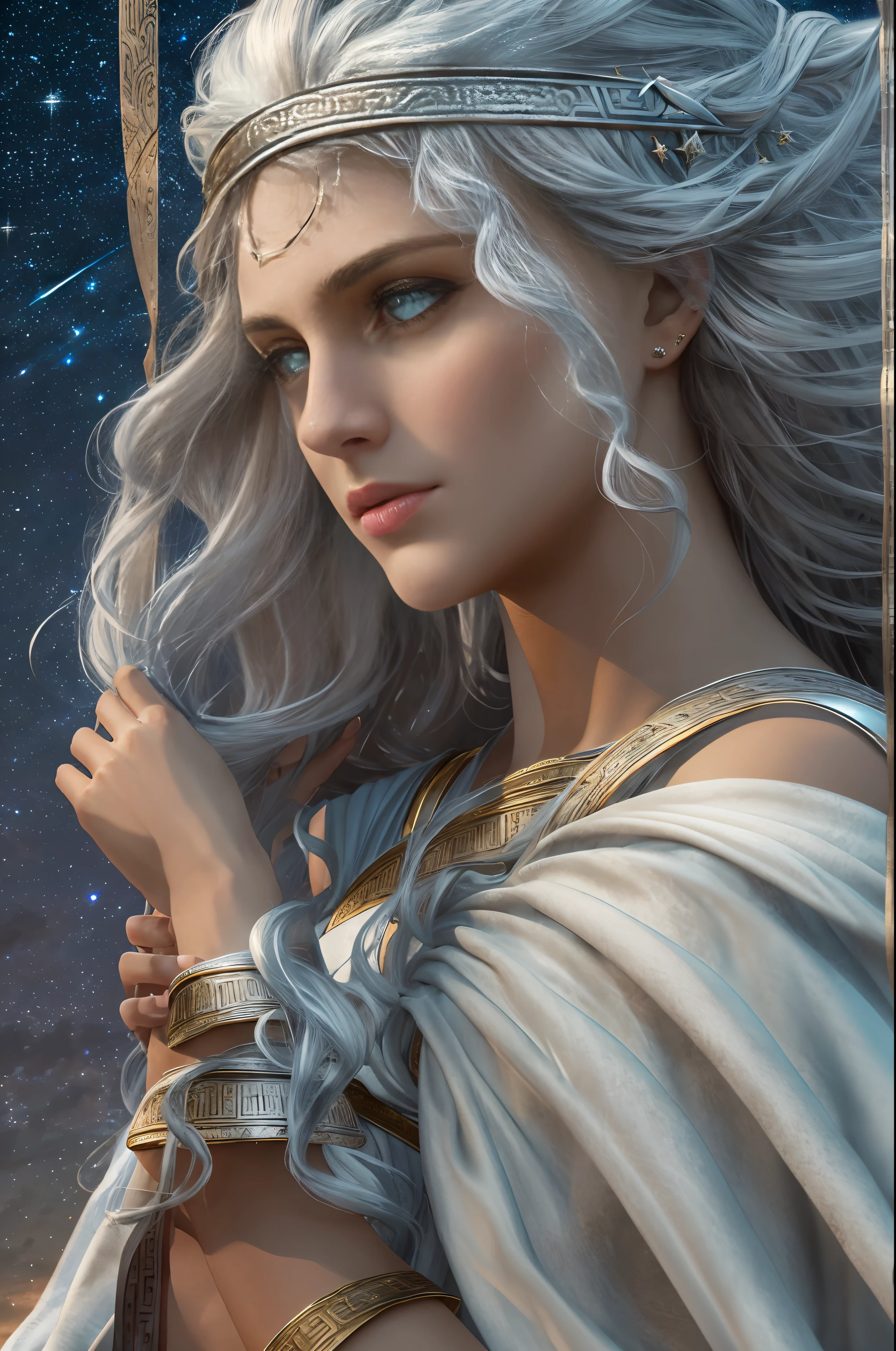 Dike, greek goddess of justice and moral, with silver hair, has all seeing bright eyes, has beautiful and sorrowful face, wears long greek toga, a balance scale, starry sky, Greek Mythology, solemn atmosphere, ultrra-accurate description of hands, photorealistic, super detail, masterpiece, best quality, highres, 8k