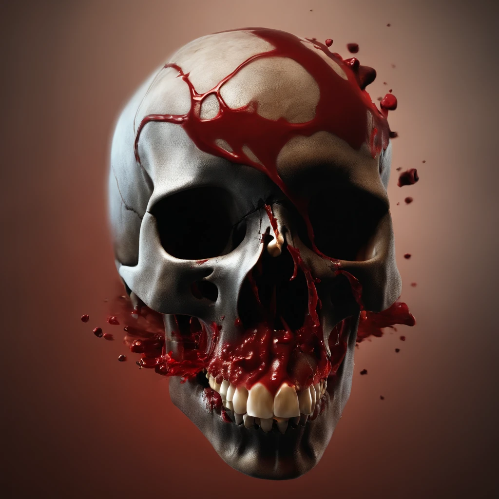 create a image of A broken skull with wide open mouth blood coming out of its head isolated from background
