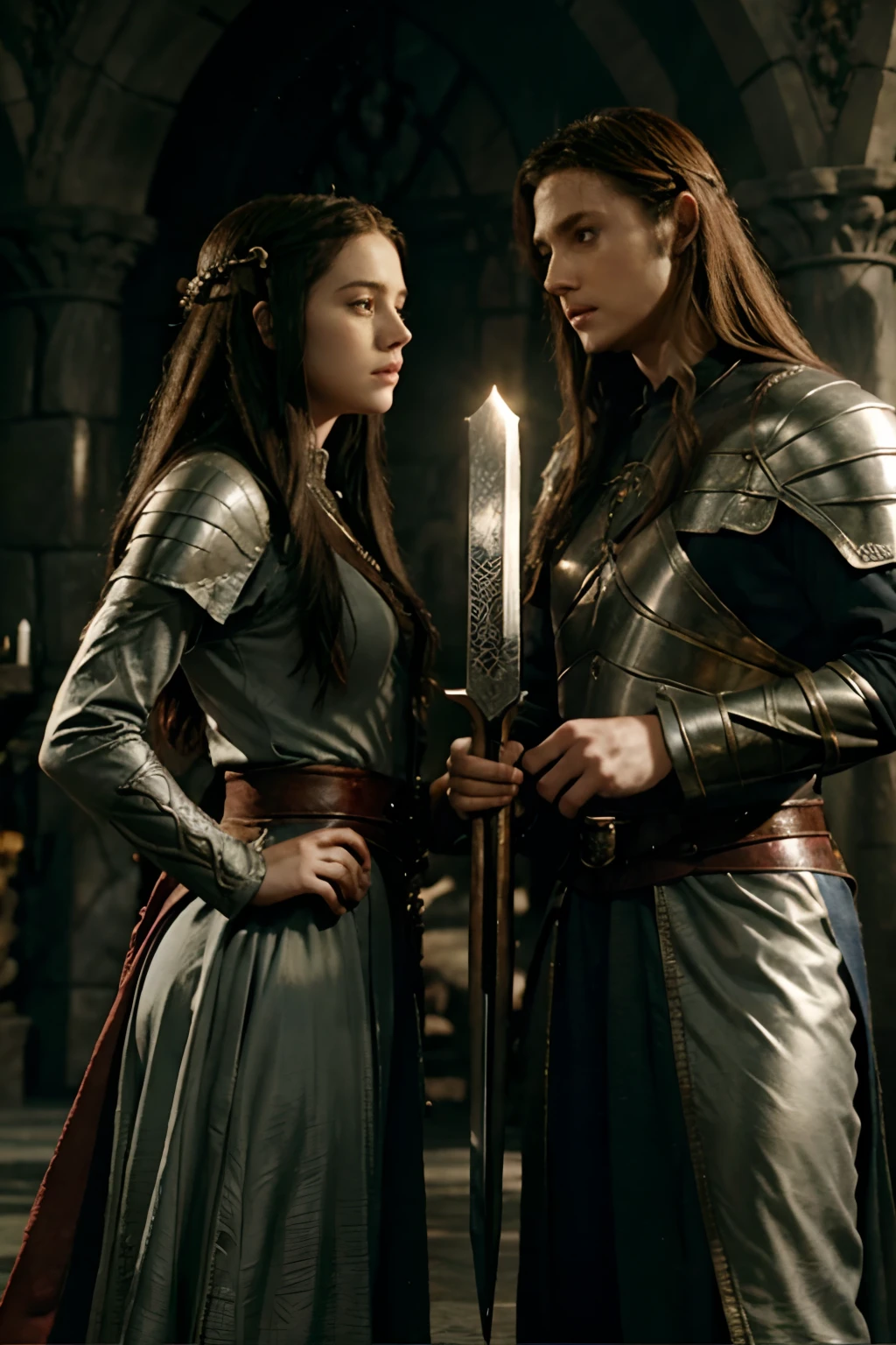 king and queen of elfs ,Big sword like cross middle both , the lord of rings movie