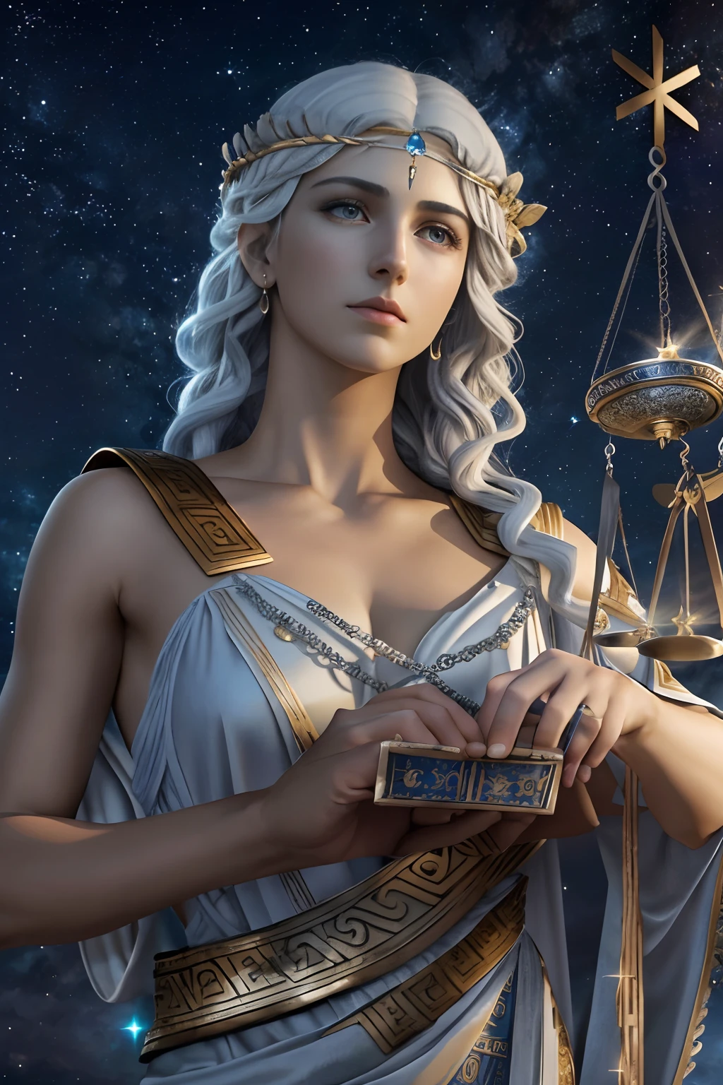 Dike, greek goddess of justice and moral, with silver hair, has all seeing bright eyes, has beautiful and sorrowful face, wears long greek toga, a balance scale, starry sky, Greek Mythology, solemn atmosphere, ultra-accurate description of hands, photorealistic, super detail, masterpiece, best quality, highres, 8k