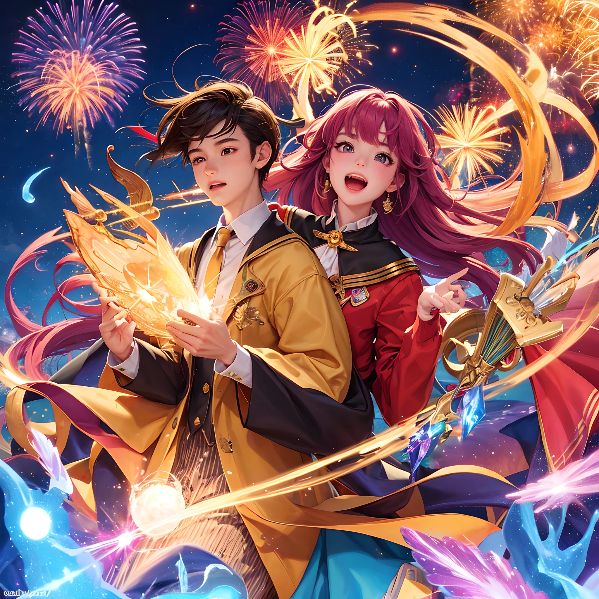 best quality, ultra-detailed, 
Magical Academy, fireworks, flash,, broom, magic wand,
spells, chanting, magic circles,
Summoned Beast, 
gorgeous scene, dynamic angle, 
an extremely delicate and beautiful, 
depth of field, professional lighting,