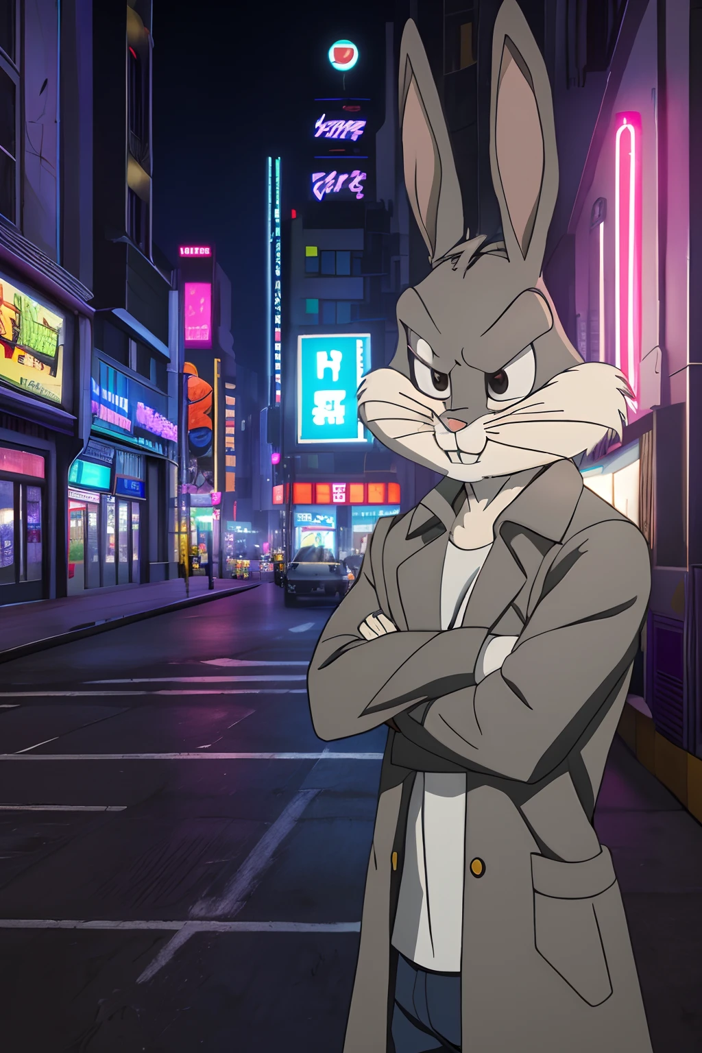 gloves, male, solo, (((bugs bunny 1.4))), rabbit, buckteeth, forest, long ears, grey body, grey fur, white fur,furry, upper body,wearing black trenchcoat in a cyberpunk city, 4k, cg, (((serious face 1.4))), solo, neon lights, at night,,16k(detailed face and eyes:1.3),
 ,furry,no humans, 
Ultra-detail,(highres:1.1),best quality,(masterpiece:1.3),anime style, anime screencap, 2010s_\(style\),