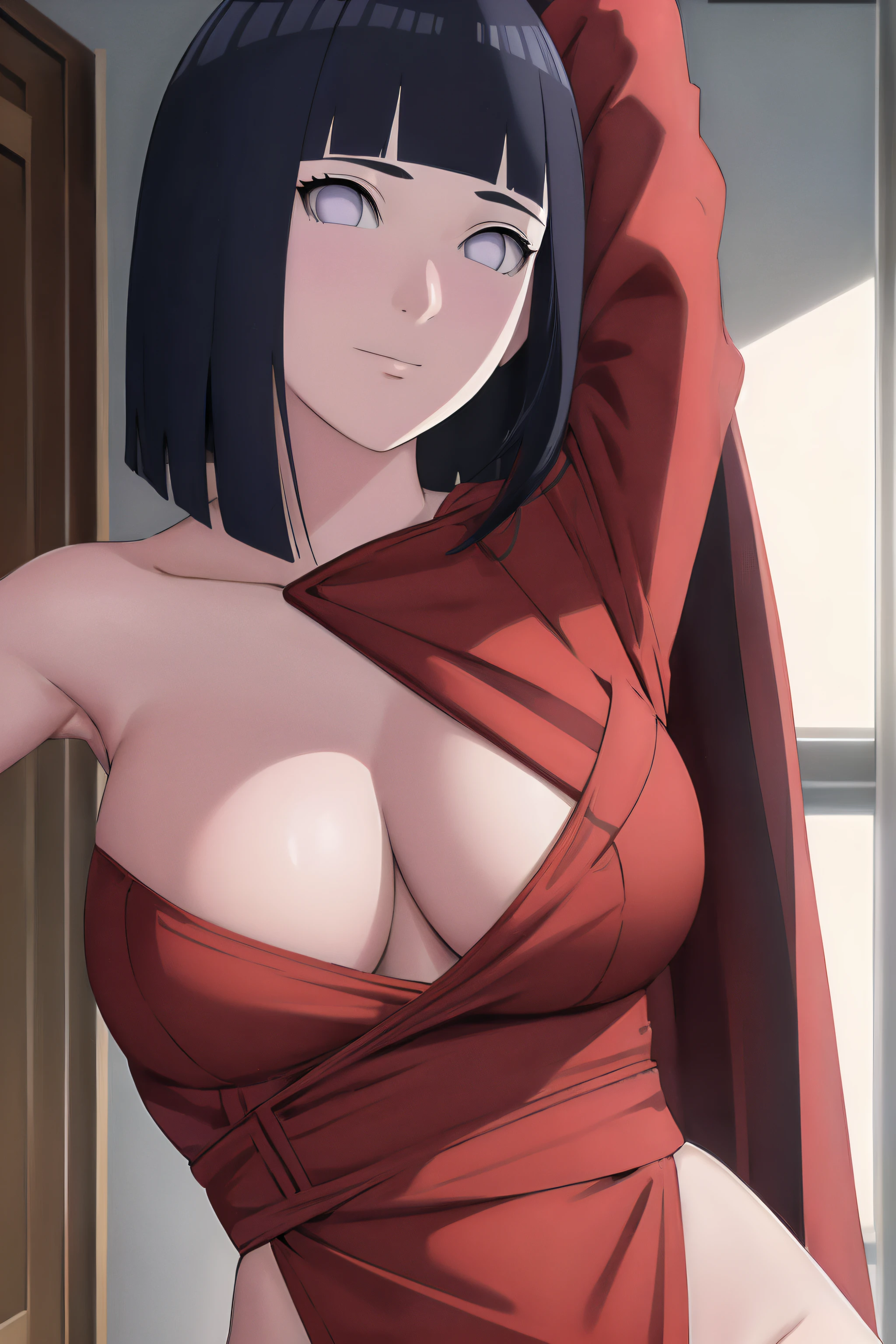 masterpiece, absurdres , (intricate details), (colorful),cinematic lighting,bust shot,extremely detailed CG unity 8k wallpaper ,hinata\(boruto\), 1girl, solo,mature female, arm up, looking at viewer, red dress with a red cape, locker room,cowboy shot,NSFW,official art,extremely detailed CG unity 8k wallpaper, perfect lighting, (masterpiece:1.0),(best_quality:1.0), ultra high res,4K,ultra-detailed, photography, 8K, HDR, highres, absurdres:1.2, Kodak portra 400, film grain, blurry background, bokeh:1.2, lens flare, (vibrant_color:1.2),(beautiful_face:1.5),(narrow_waist),(perfect hands, perfect anatomy),