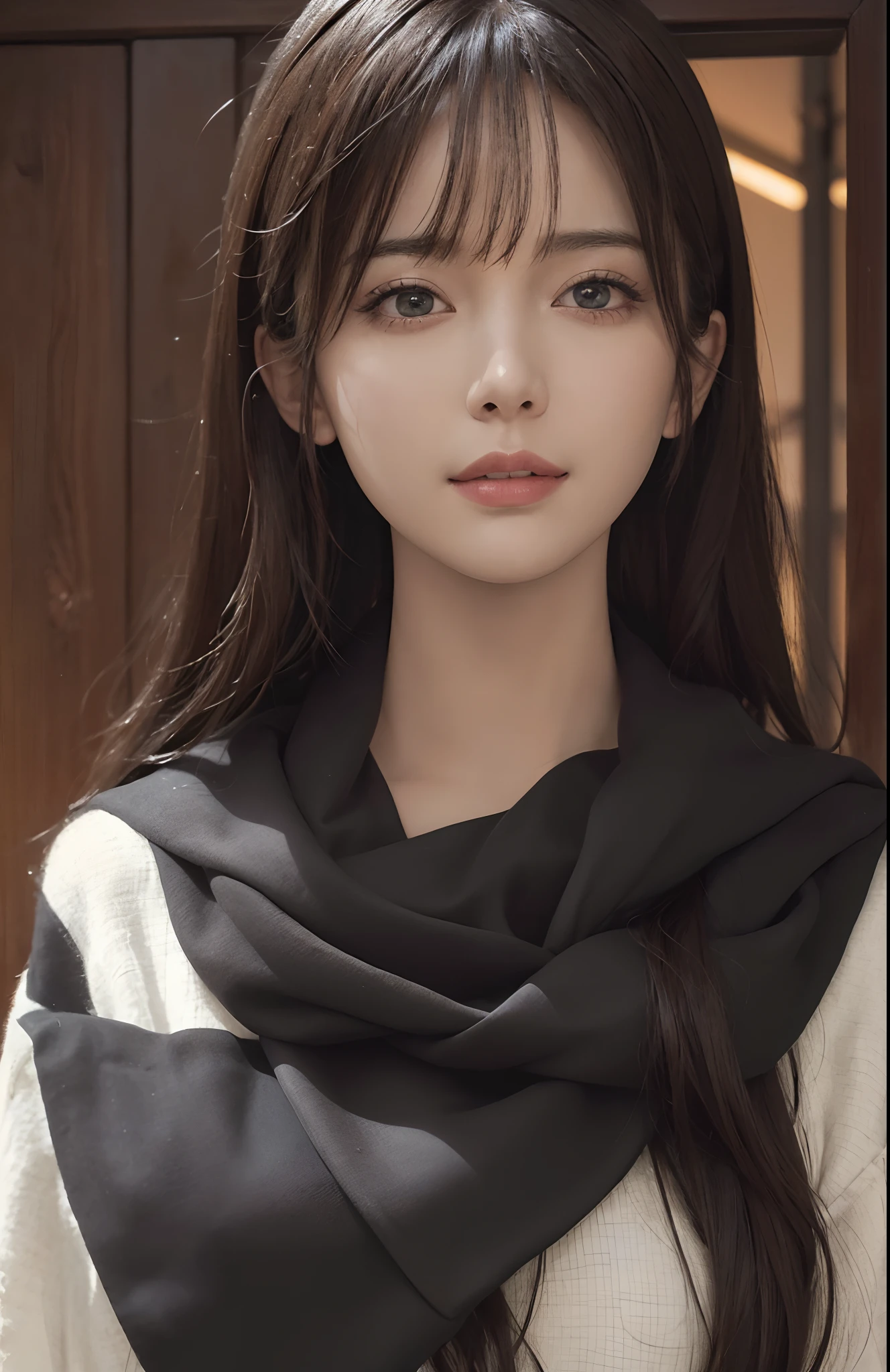 (Ultra Realistic), (Illustration), (High Resolution), (8K), (Very Detailed), (Best Illustration), (Beautiful and Detailed Eyes), (Best Quality), (Ultra Detailed), (Masterpiece), (Wallpaper), (Detailed Face), Solo, Full Body, One Girl, Look Viewer, Fine Details, Detailed Face, In the Dark, Deep Shadows, Low Key, pureerosfaceace_v1, Smile, Long Hair, Black shawl straight hair, 46-point diagonal bangs