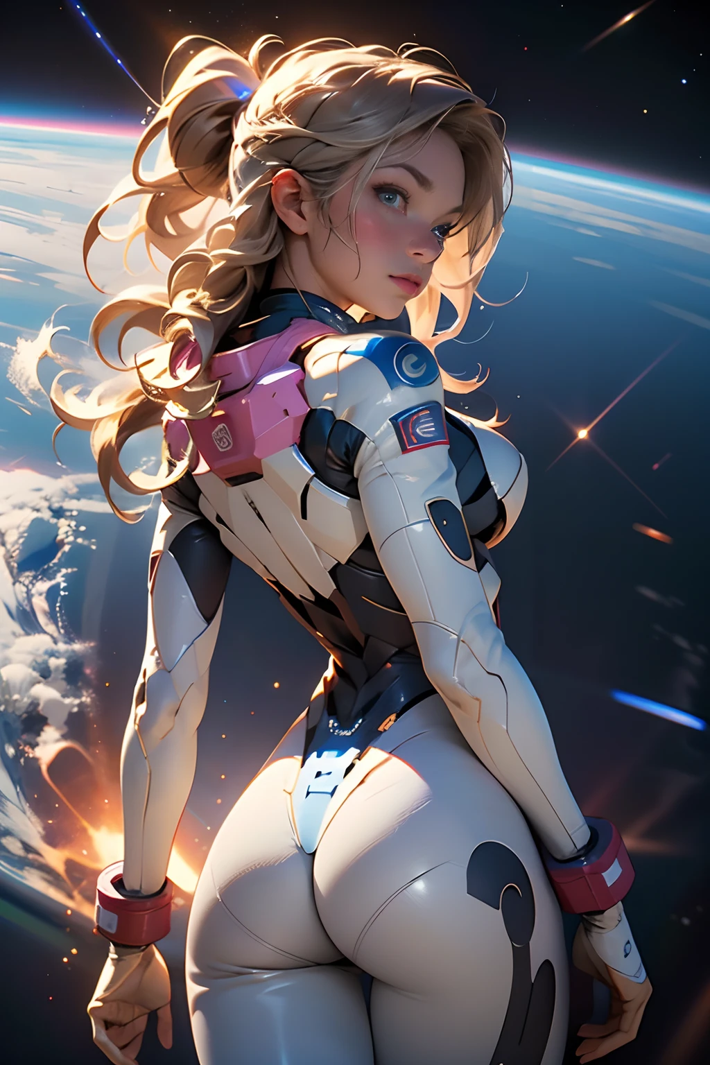 rear view, backside view, turning away, sandy hair, eyes are blue, fit body large breasts slender thighs slender waist pilot suit solo looking away from viewer, in space, long hair, blushing, determination, 8k, extreme detail,