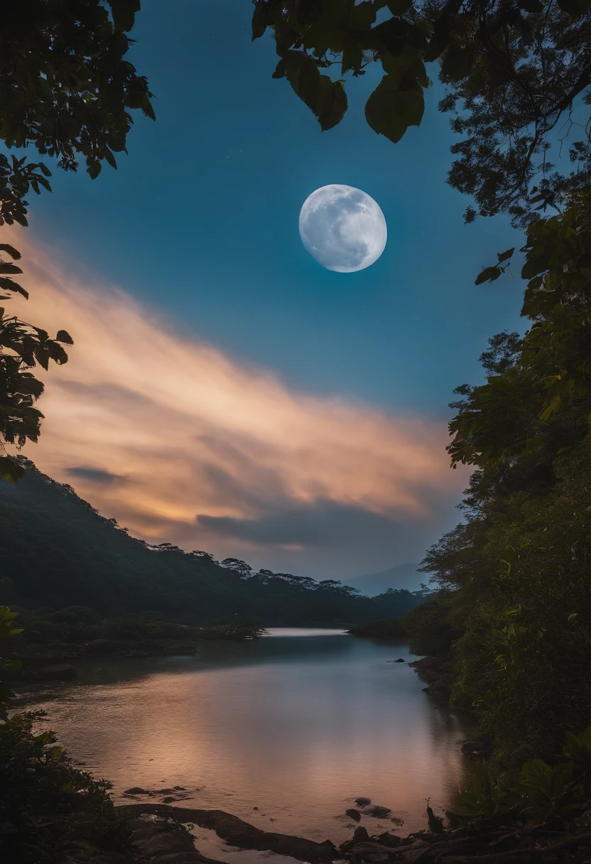 best quality, 8k, uma raposa branca com chamas azuis em partes de seu corpo deitada em uma lua, cena das nuvens