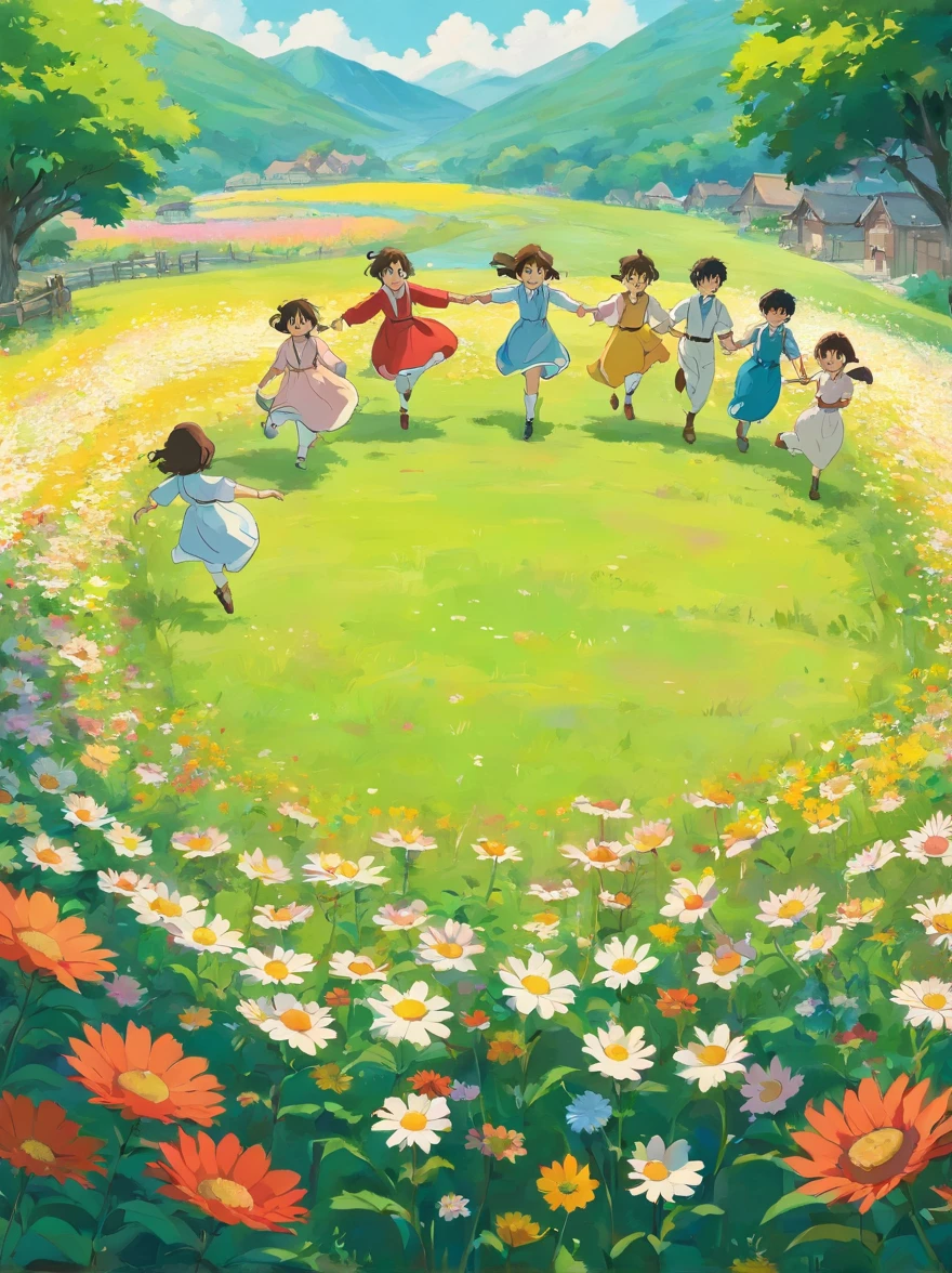 A meadow in the village is full of flowers,Five children are dancing in a circle holding hands。
