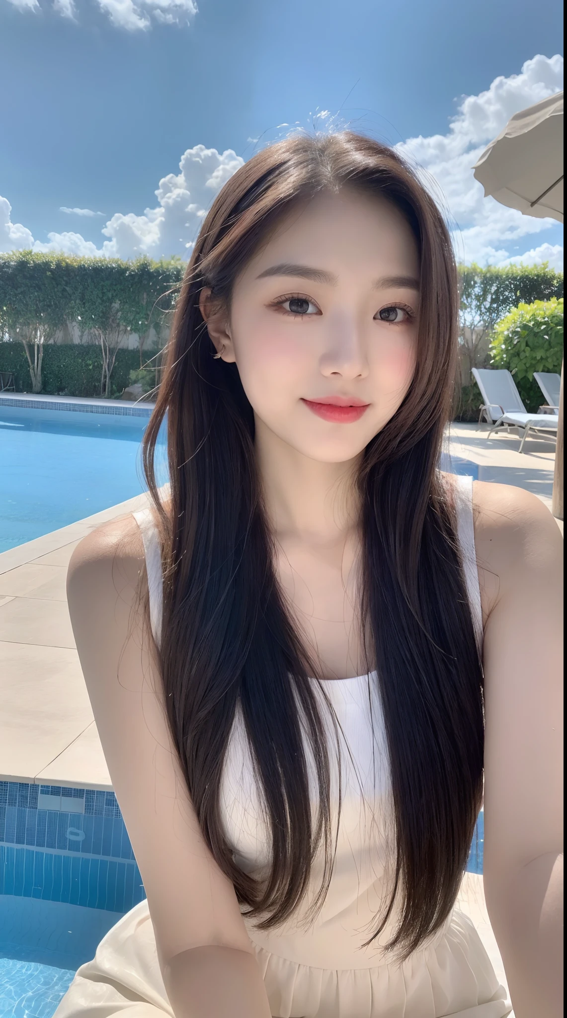 (top-quality, 8K, tmasterpiece:1.3)), A pretty maiden,pure,Melon seed face,gentle and cute,A sweet smile,Pure desire,Thin stature,(street frontage),staring right into camera,校服, inner strength, formal,Black silky long, layered long hair,Long hair flowing past shoulders,Big, round, black eyes,clear big eyes,Hydrated red lips,Sweet,Sitting next to the pool,with blue sky and white clouds,blue-sky,