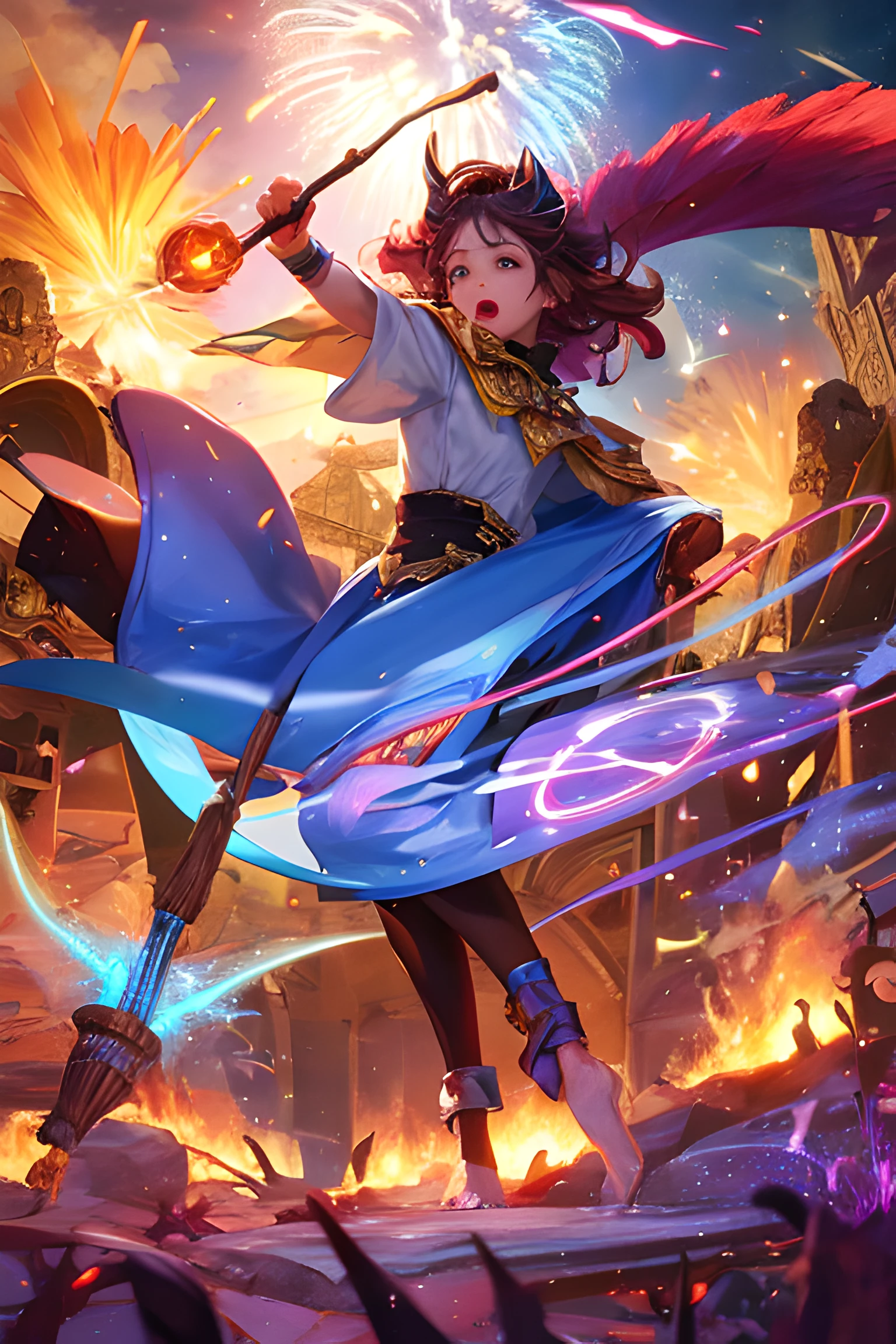 best quality, ultra-detailed,
Magical Academy, fireworks, flash, pterodactyl, broom, magic wand,
spells, chanting, magic circles,
gorgeous scene, dynamic angle,
an extremely delicate and beautiful,
depth of field, professional lighting,