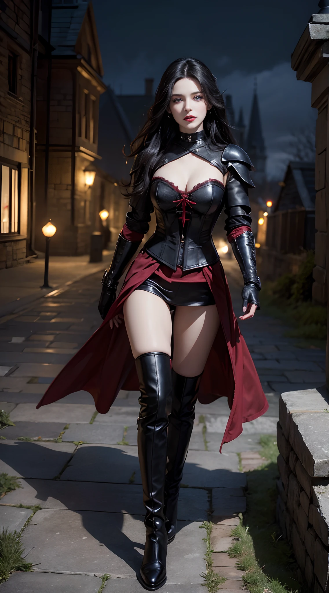 Masterpiece, full body picture, 24 year old girl vampire, ((Kate Beckinsale:0.5)) walking to viewer, looking down to viewer, viewer looking up, perfect makeup, dark red lips, beautiful face, detailed eyes, blue eyes, mischievous smile, fangs visible, pale skin, black hair, messy hair, fit body, medium breasts, wearing detailed black leather armor, red accents on armor, extremely detailed corset, high leather boots, thin black leather choker with red jewel, camera focus on the face, dark, night time, moon light, bright light source from above, outside of mansion, at night, stone walls, some candlelight, best quality, ultra higher, photorealistic, 8k, RAW photo, photography, raw photo, extremely detailed photo, DSLR, photorealistic 1.4, ultra hi res, best quality