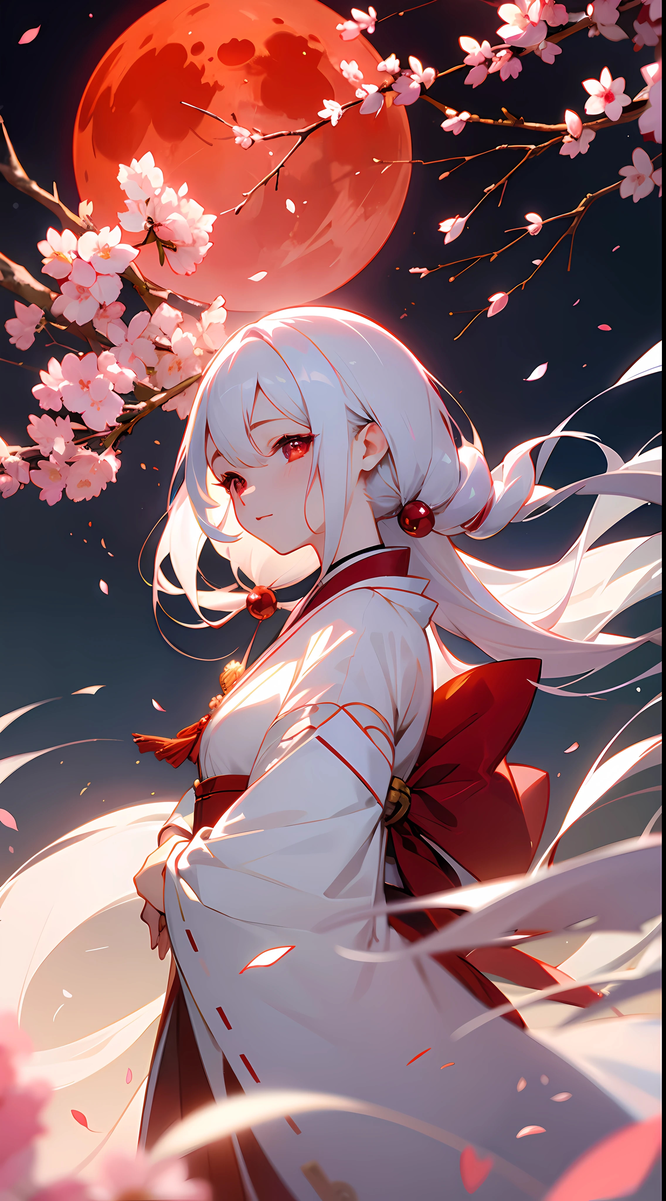 Top image quality、illustratio、ultra-definition、Ultra High Definition Facial、Ultra-fine eyes、White hair、red eyes、Beautiful eyes that shine、Princess Hairstyles、A Japanese style、Luxurious Japanese-style attire、Red and white attire、Golden decoration、cherryblossom、Cherry petals、magia、Prism Effects、ruby、krystal、Beautiful Red Moon、Have a cherry branch、Solid white outfit、fantastical light、Fantastical