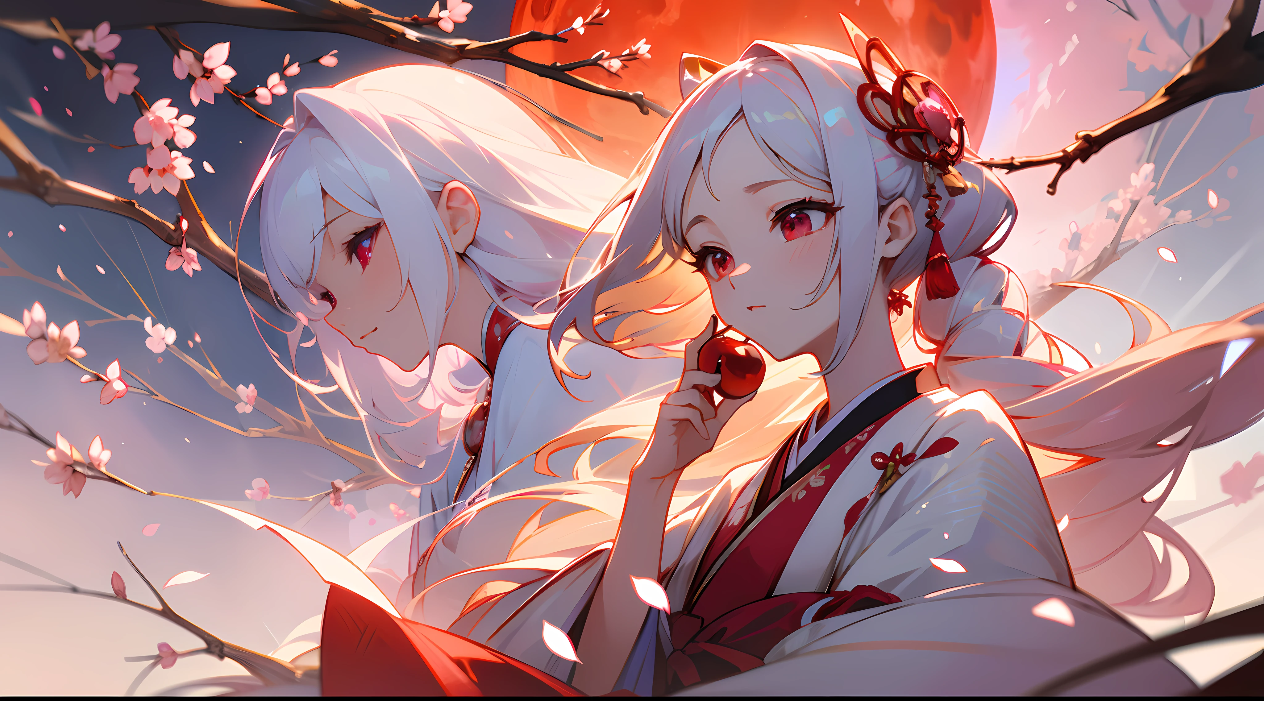 Top image quality、illustratio、ultra-definition、Ultra High Definition Facial、Ultra-fine eyes、White hair、red eyes、Beautiful eyes that shine、Princess Hairstyles、A Japanese style、Luxurious Japanese costume、Red and white attire、Golden decoration、cherryblossom、Cherry blossom petals、magia、prismatic effects、ruby、krystal、Beautiful Red Moon、There are branches of cherries、Immaculate costume、fantastical light、Fantastical