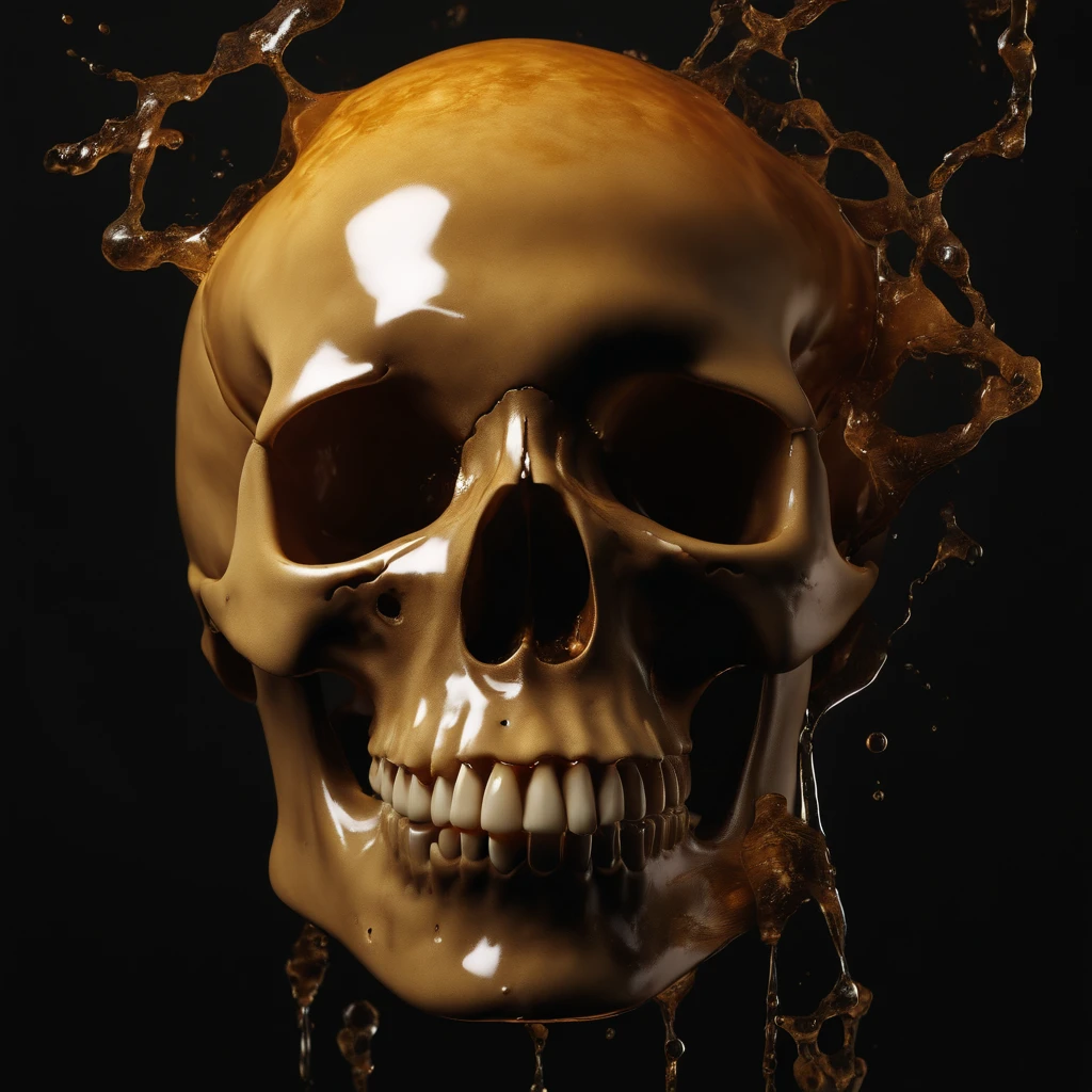 (best quality,4k,8k,highres,masterpiece:1.2),ultra-detailed,(realistic,photorealistic,photo-realistic:1.37),broken skull with wide open mouth,honey dripping from the skull's head,completely detached from background,macabre concept,bloody and gory details,detailed cracks and fractures on the skull,honey flowing in thick streams from the cracks,delicate strands of honey connecting the broken pieces,texture of golden honey being viscous and sticky,skull bone structure visible through the honey,transforming the skull into a hive-like shape,honeycomb pattern merging with the skull's texture,glistening honey reflecting ambient light,subtle shadows cast by the honey,dark and eerie color palette,striking contrast between the honey and the skull's pale bone,unconventional lighting with warm and cool tones,backlighting to enhance the translucency of the honey,subtle magical glow surrounding the honey,surreal and unsettling atmosphere,nightmarish elements combined with elements of natural beauty.