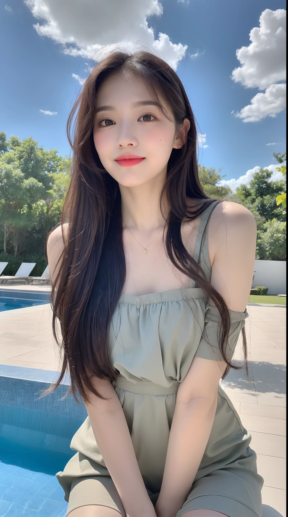 (top Quority, 8K, tmasterpiece:1.3)), A pretty maiden，Pure，Melon seed face，gentle and cute，A sweet smile，Pure desire，Thin stature，(frontage)，staring right into camera，uniform, Obi, formal，Black silky long, layered long hair，Long hair flowing over the shoulders，round black big eyes，Clear big eyes，Hydrated red lips，Sweet，Sitting next to the pool，with blue sky and white clouds，Blue skies，