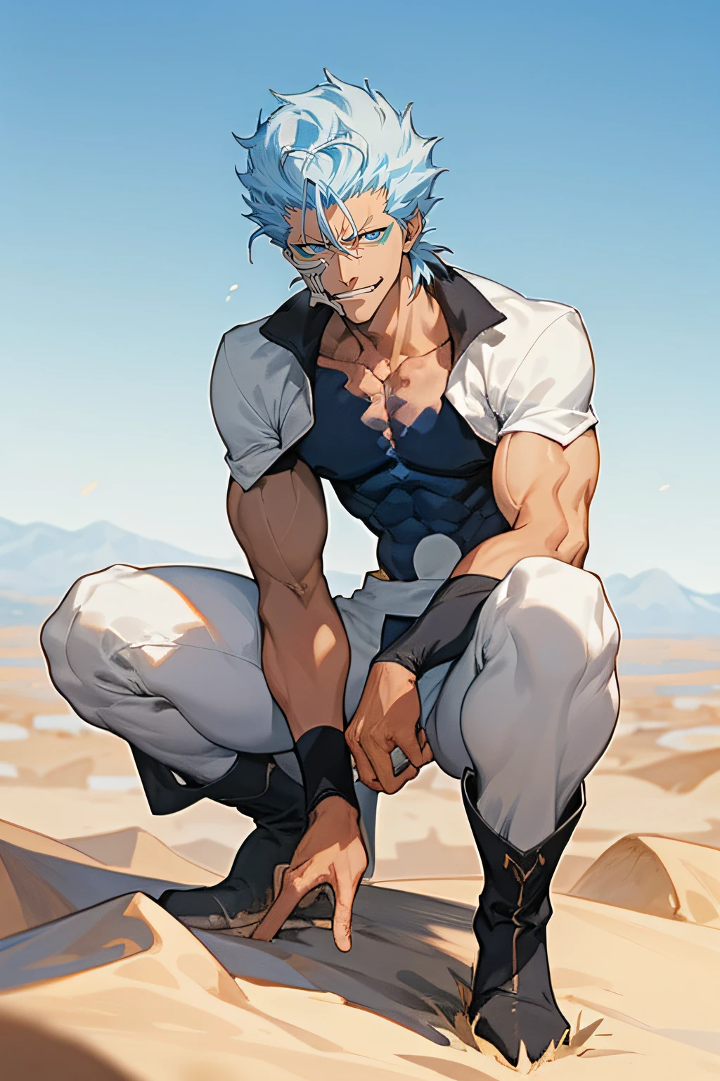masterpiece, best quality, 1boy, grimmjow jaegerjaquez, day, medium closeup, black boots, natural light, desert, blue sky, white buildings, angry eyes, smiling, looking at viewer, full body, male focus, strong muscles, movie composition, deth of field, bokeh