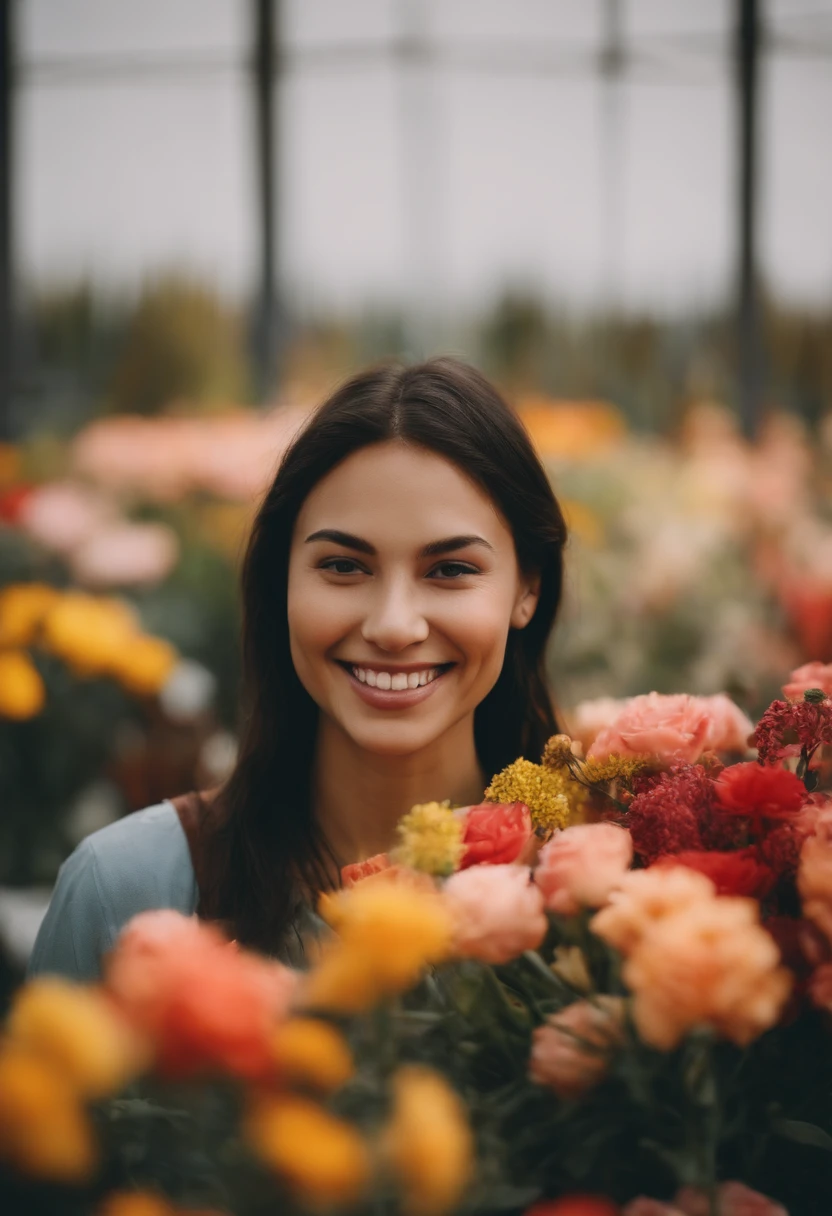 xxmix_girl,Digital color photography portrait of a woman working at a flower gardon, smiling at the camera, minimal, bright light ,film,graininess,smile,cold,Grainy