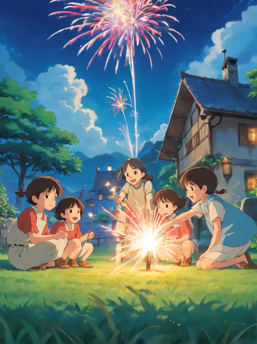 A group of children play a game of fireworks on the grass of the village。