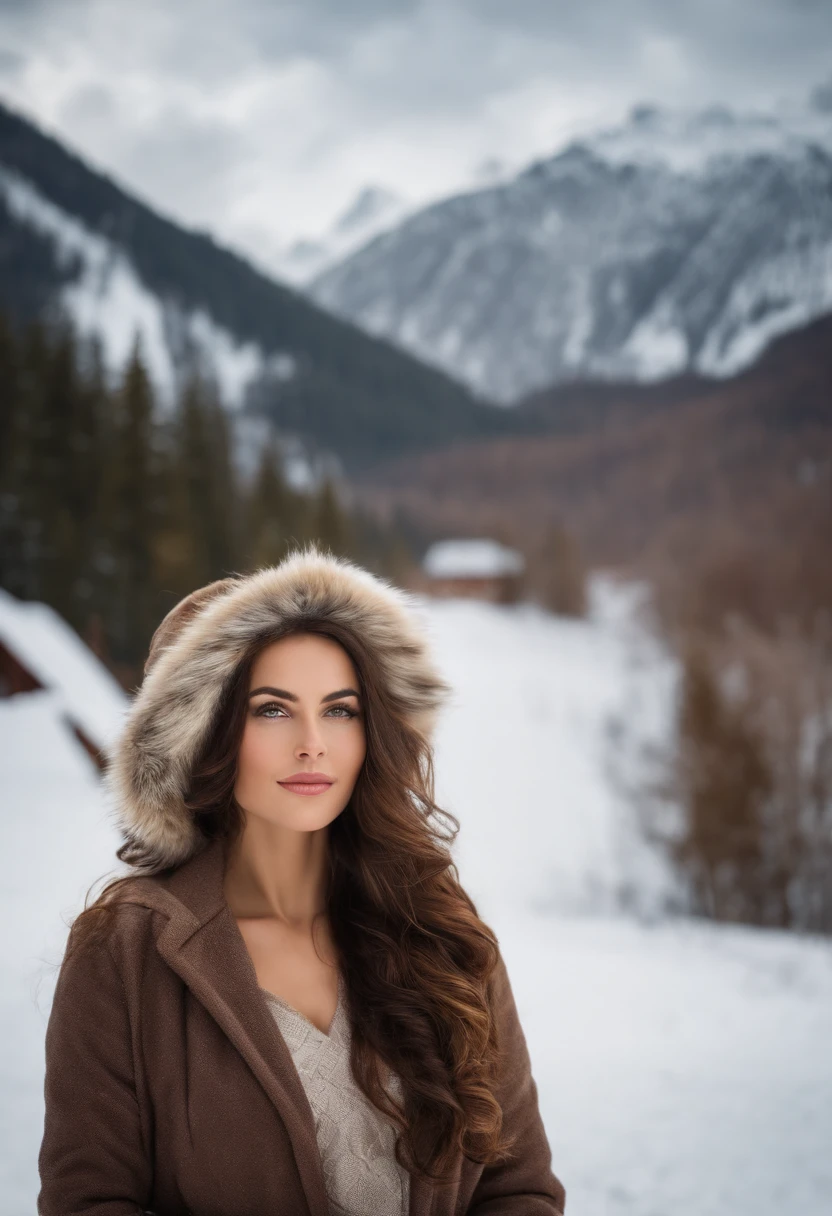 Brunette woman with very long, wavy hair, yeux en amandes clair, bouche pulpeuse, taches de rousseur sur le nez, Realistic Photography, poitrine forte naturelle, fesses rondes, winter cloth, trait de liner. Chalet-style background in the mountains in winter