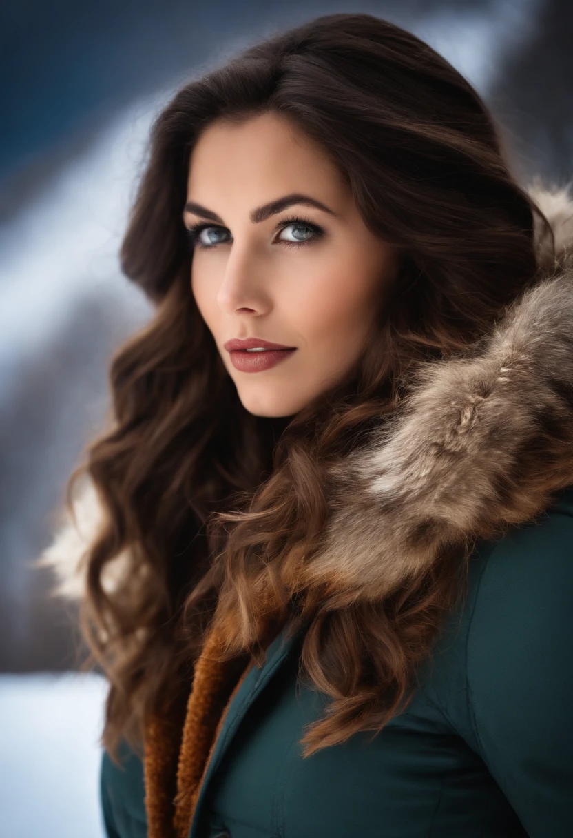 Brunette woman with very long, wavy hair, yeux en amandes clair, bouche pulpeuse, taches de rousseur sur le nez, Realistic Photography, poitrine forte naturelle, fesses rondes, winter cloth, trait de liner. Chalet-style background in the mountains in winter