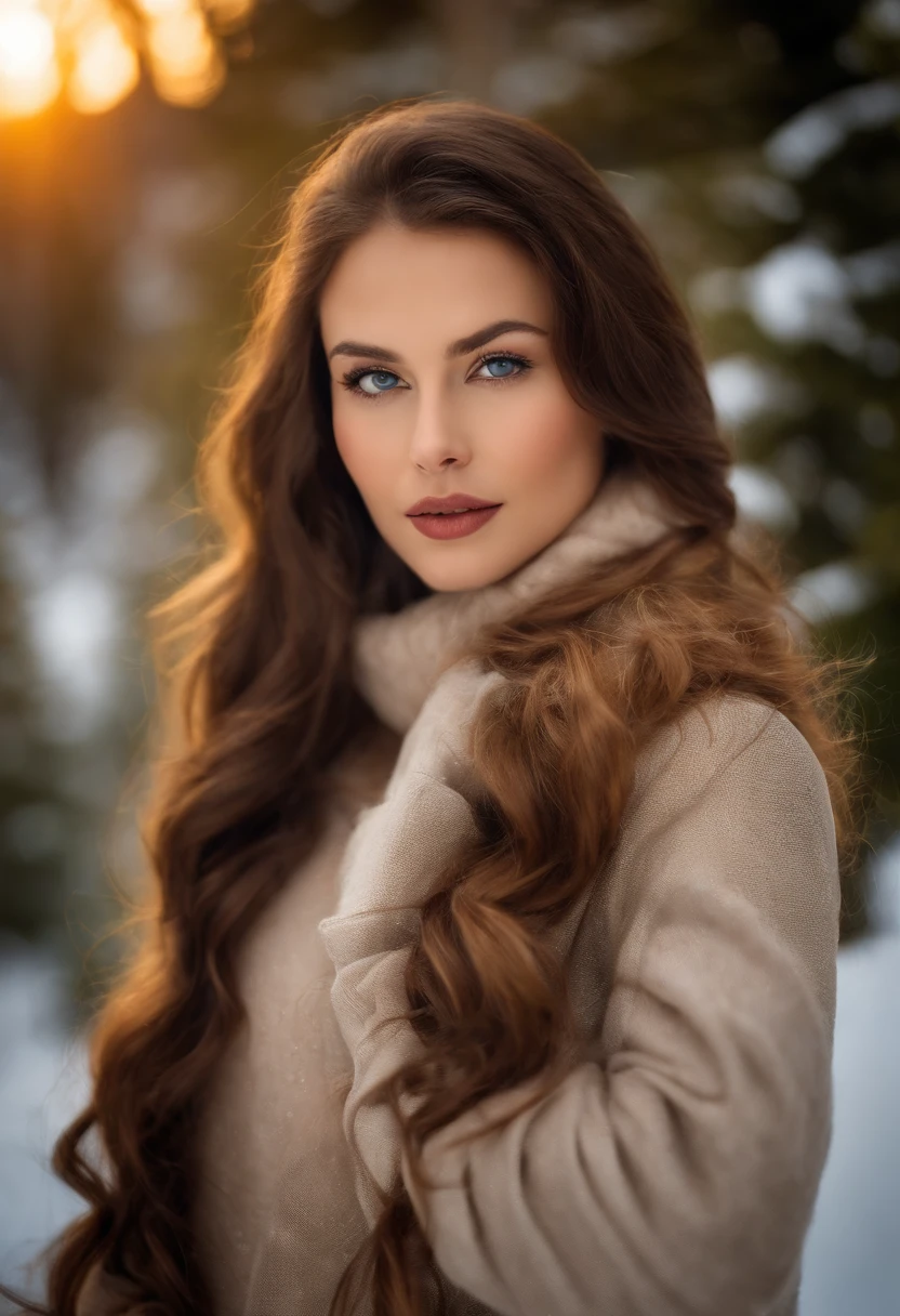 Brunette woman with very long, wavy hair, yeux en amandes clair, bouche pulpeuse, taches de rousseur sur le nez, Realistic Photography, poitrine forte naturelle, fesses rondes, winter cloth, trait de liner. Chalet-style background in the mountains in winter