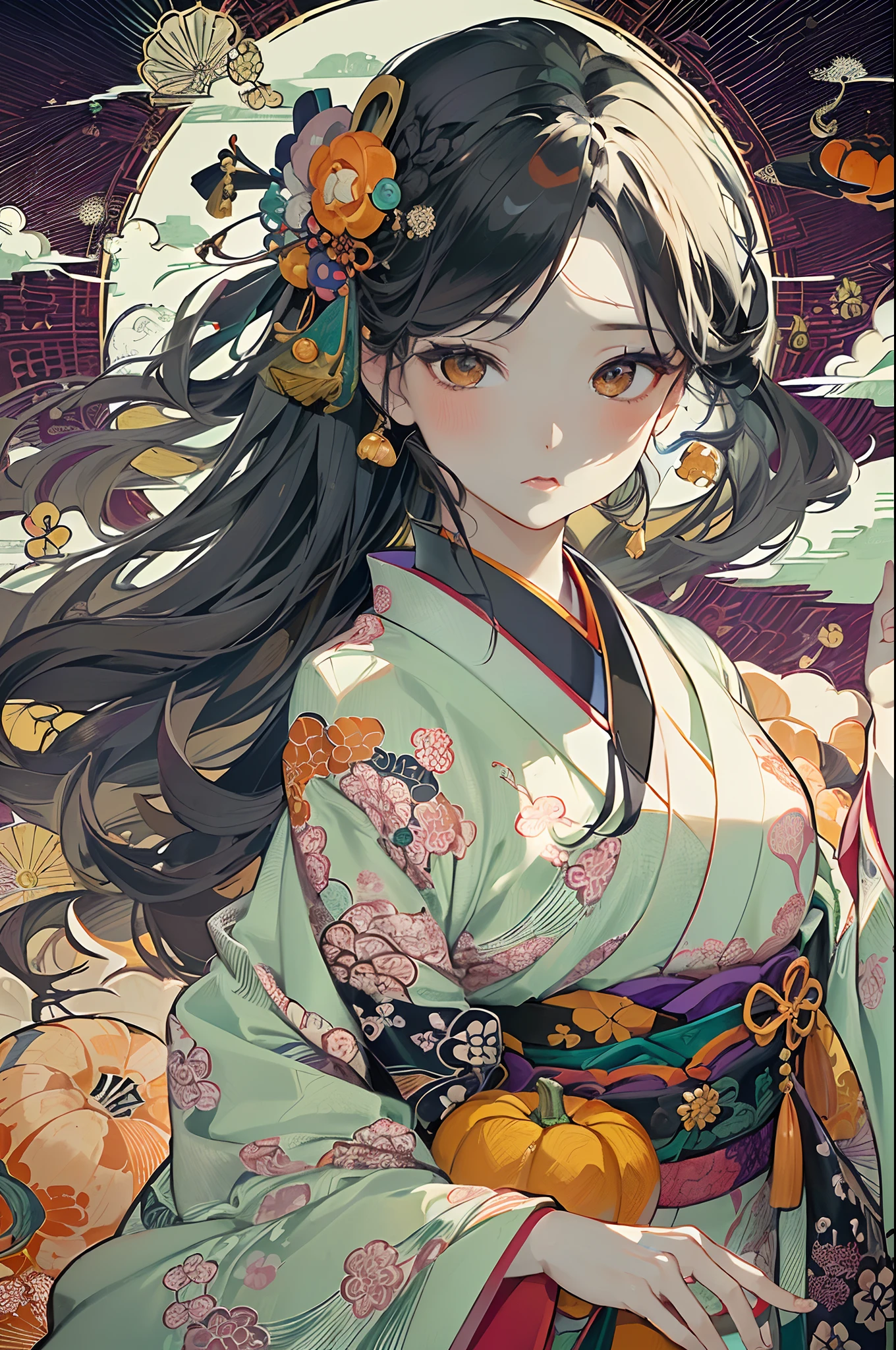 (masuter piece、top-quality、ukiyoe style、Mystical、Beautifully Aesthetic、offcial art、Sharaku:1.2)、(1 girl in:1.3)、(Fractal Art:1.3)、cowboy  shot、white and clean skin、(Beautiful black hair、Kimono:1.2)、Traditional performing arts of Japan in the background、highly colorful、(scrollwork、A Japanese style:1.2)、Ghost pumpkin、Halloween