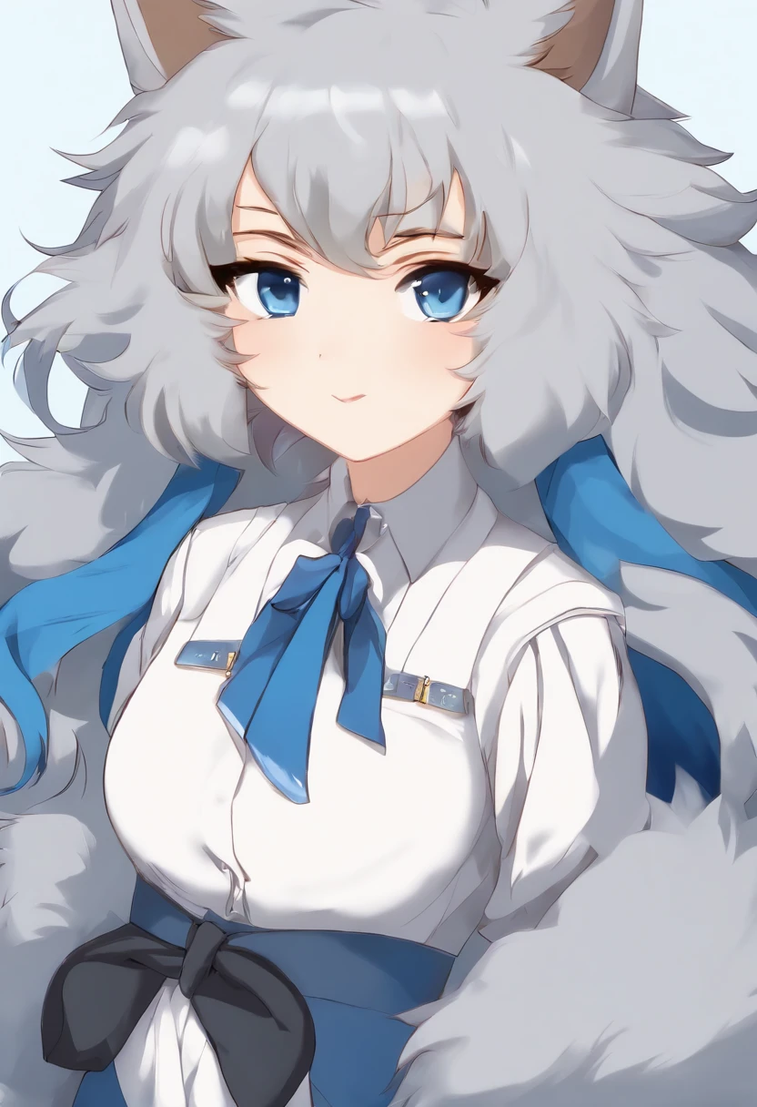 1girl, blue fur, wolf girl, medium breasts, school uniform, portrait, simple background, (furry:1.5)