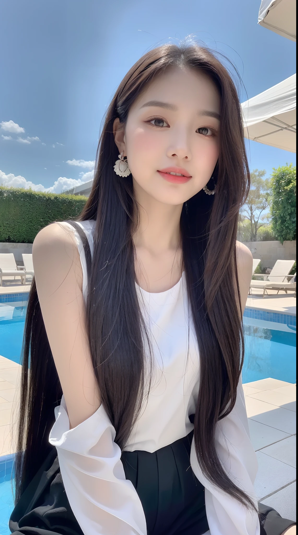 (Best quality, 8K, tmasterpiece:1.3)), A pretty maiden,pure,Melon seed face,gentle and cute,A sweet smile,Pure desire,Thin stature,(street frontage),(tilt your head),staring right into camera,校服, inner strength, formal,Black silky long, hair straight,Long hair flowing past shoulders,Big, round, black eyes,clear big eyes,Hydrated red lips,Sweet,Beautiful necklace,Delicate stud earrings,sitting at the edge of pool,with blue sky and white clouds,blue-sky,