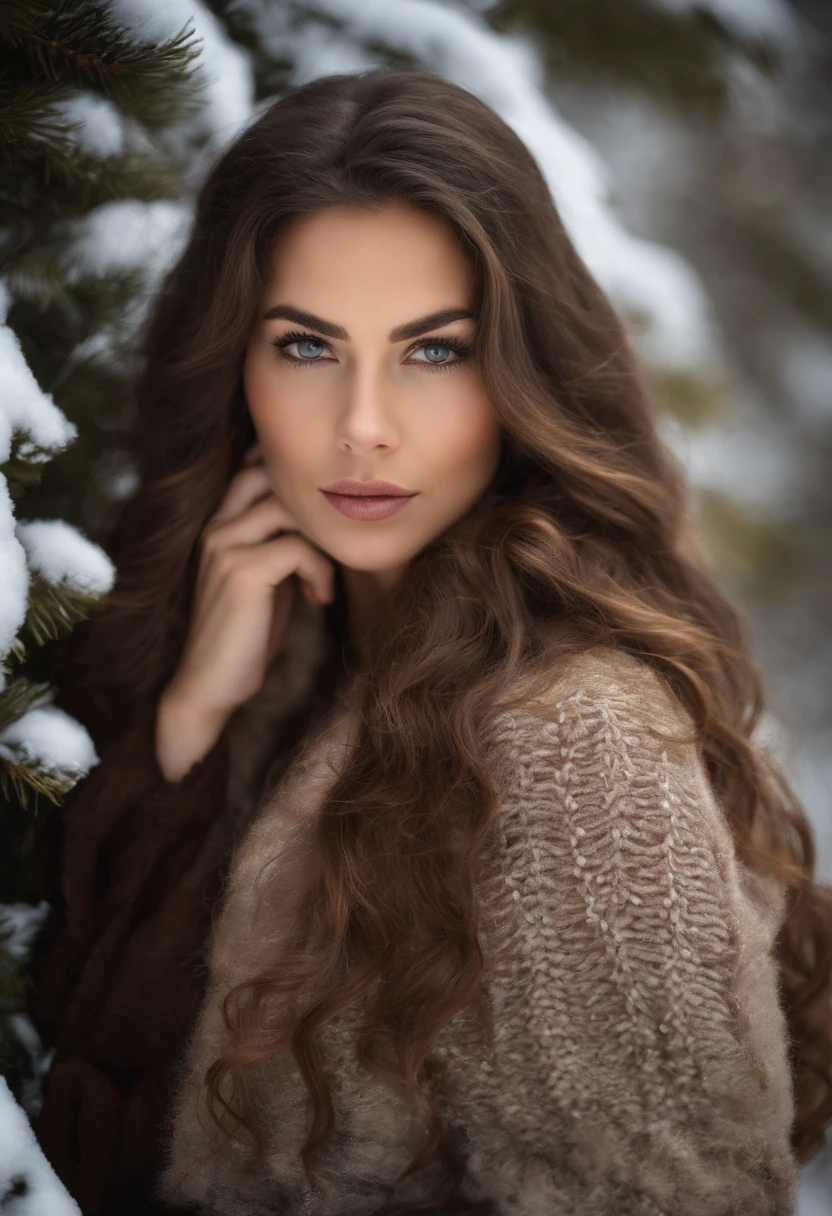 Brunette woman with very long, wavy hair, yeux en amandes clair, bouche pulpeuse, taches de rousseur sur le nez, Realistic Photography, poitrine forte naturelle, fesses rondes, Winter Fabric, trait de liner. Chalet-style background in the mountains in winter. realistic photo
