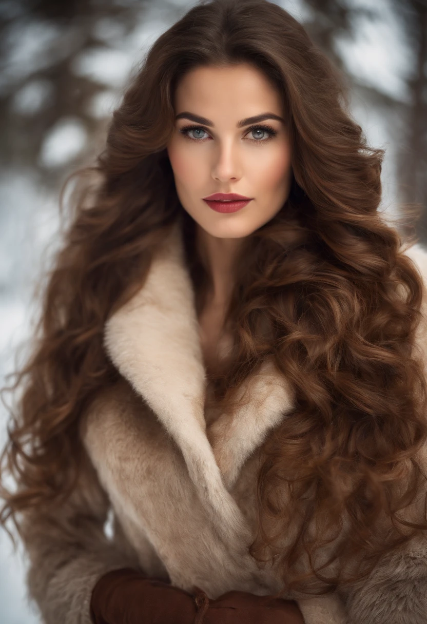 Brunette woman with very long, wavy hair, yeux en amandes clair, bouche pulpeuse, taches de rousseur sur le nez, Realistic Photography, poitrine forte naturelle, fesses rondes, Winter Fabric, trait de liner. Chalet-style background in the mountains in winter. realistic photo