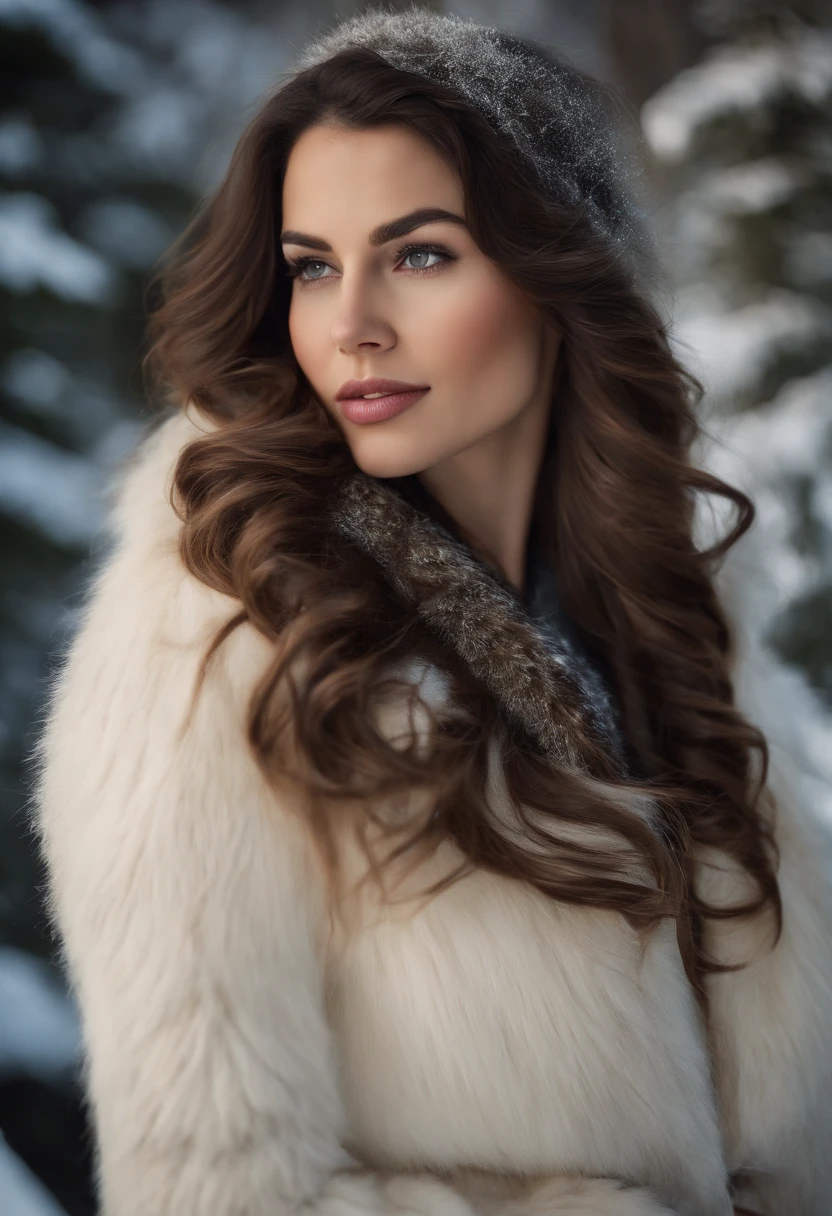 Brunette woman with very long, wavy hair, yeux en amandes clair, bouche pulpeuse, taches de rousseur sur le nez, Realistic Photography, poitrine forte naturelle, fesses rondes, Winter Fabric, trait de liner. Chalet-style background in the mountains in winter. realistic photo