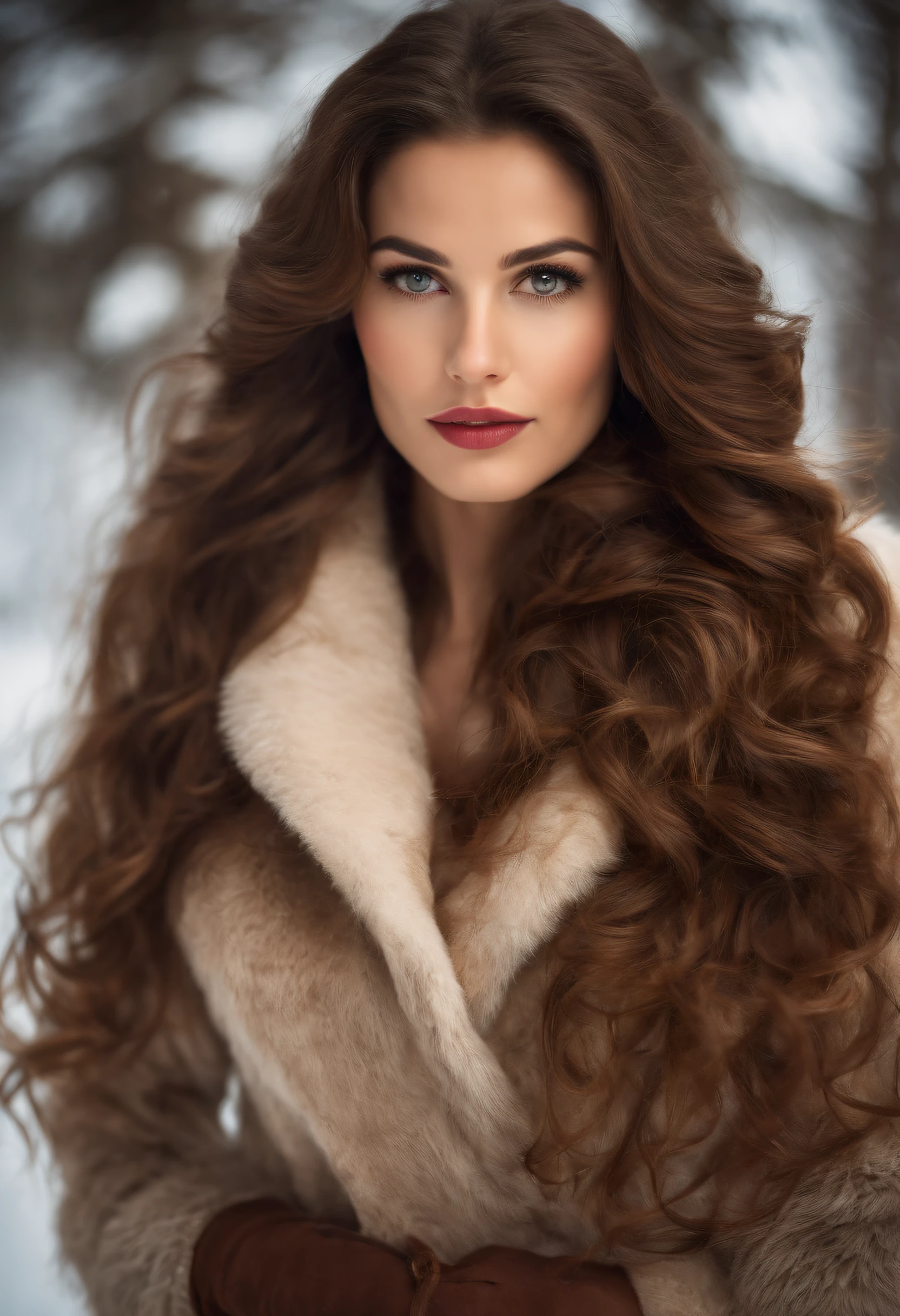 Brunette woman with very long, wavy hair, yeux en amandes clair, bouche pulpeuse, taches de rousseur sur le nez, Realistic Photography, poitrine forte naturelle, fesses rondes, Winter Fabric, trait de liner. Chalet-style background in the mountains in winter. realistic photo