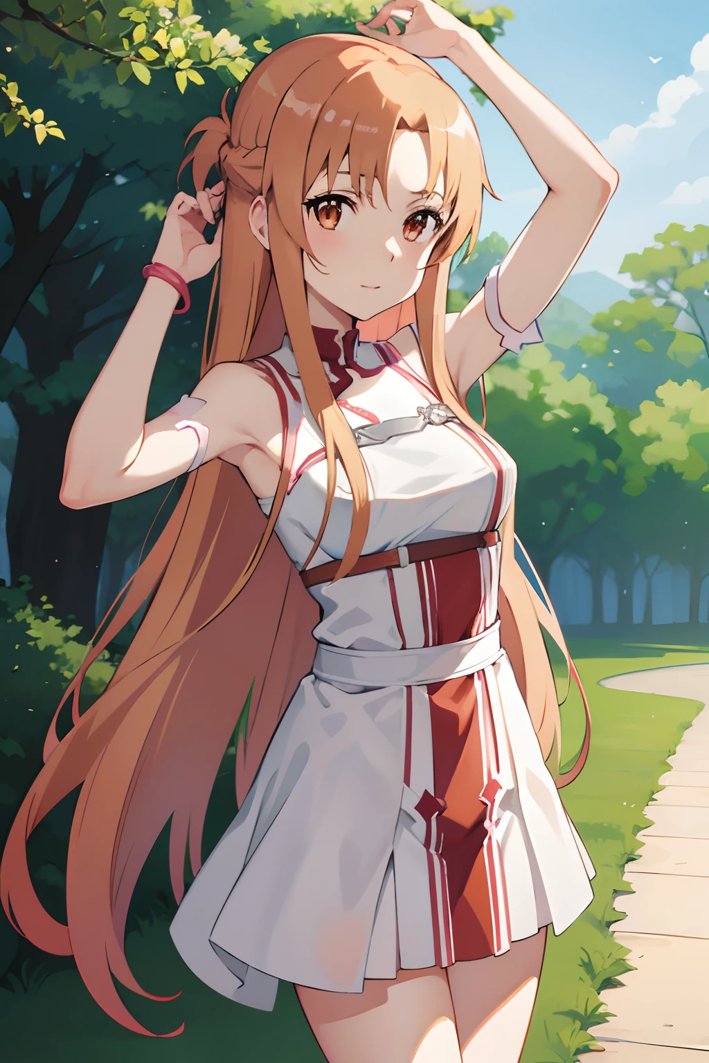 {asuna yuuki(sword art online)}, 1girl, ​masterpiece、top-quality、NSFW, {seminude、toppless、pink 、Naked Dance、Metamorphosis、A slender、