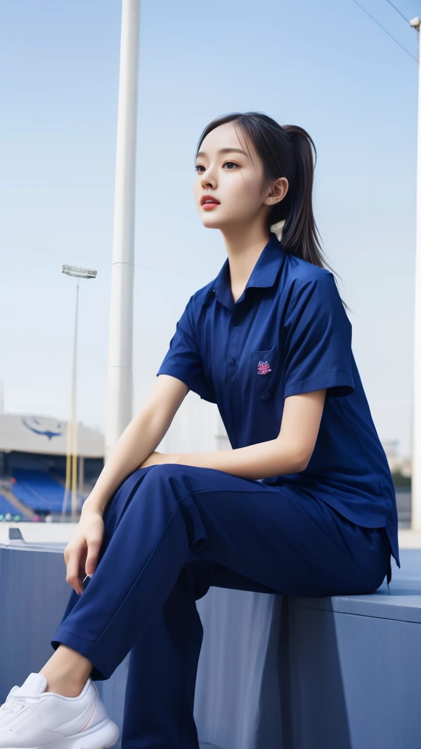 (bestquality,10,10,highres,masterpiece:1.2),ultra-detail,(Realistic,photorealistic portrait,photo-realistic:1.37),1 cute girl sitting on the football field,oily shiny skin,bara,light smile,BDclothes,((blue shirt:1.3)),short sleeves,shirt, trousers.,(navy_long_Pants Track:1.1), ((Stadium Background:1.3)),dynamic angle,excited,face focus,Dynamic Poses,from behide,Ass Focus,masterpiece, bestquality, ultra realistic, hyper-detail, 8k resolution, RAW photo, crisp focus, ((Navy blue shirt:1.1)), short sleeves, Long Path, Perfect body, 2 mature women, 18yo, cinematic light,Blue sweatpants,Gymware,Correct anatomy,Complete body, Correct body, sharp face, Anatomically correct body, full entire body, Realistic gestures, long-haired, Realistic poses,Wear long shorts.................,Long leg span,Shapely,Sculpting Girl, Slender Figure, mannequin mannequins, Shapely, Beautiful body,Blue sweatpants